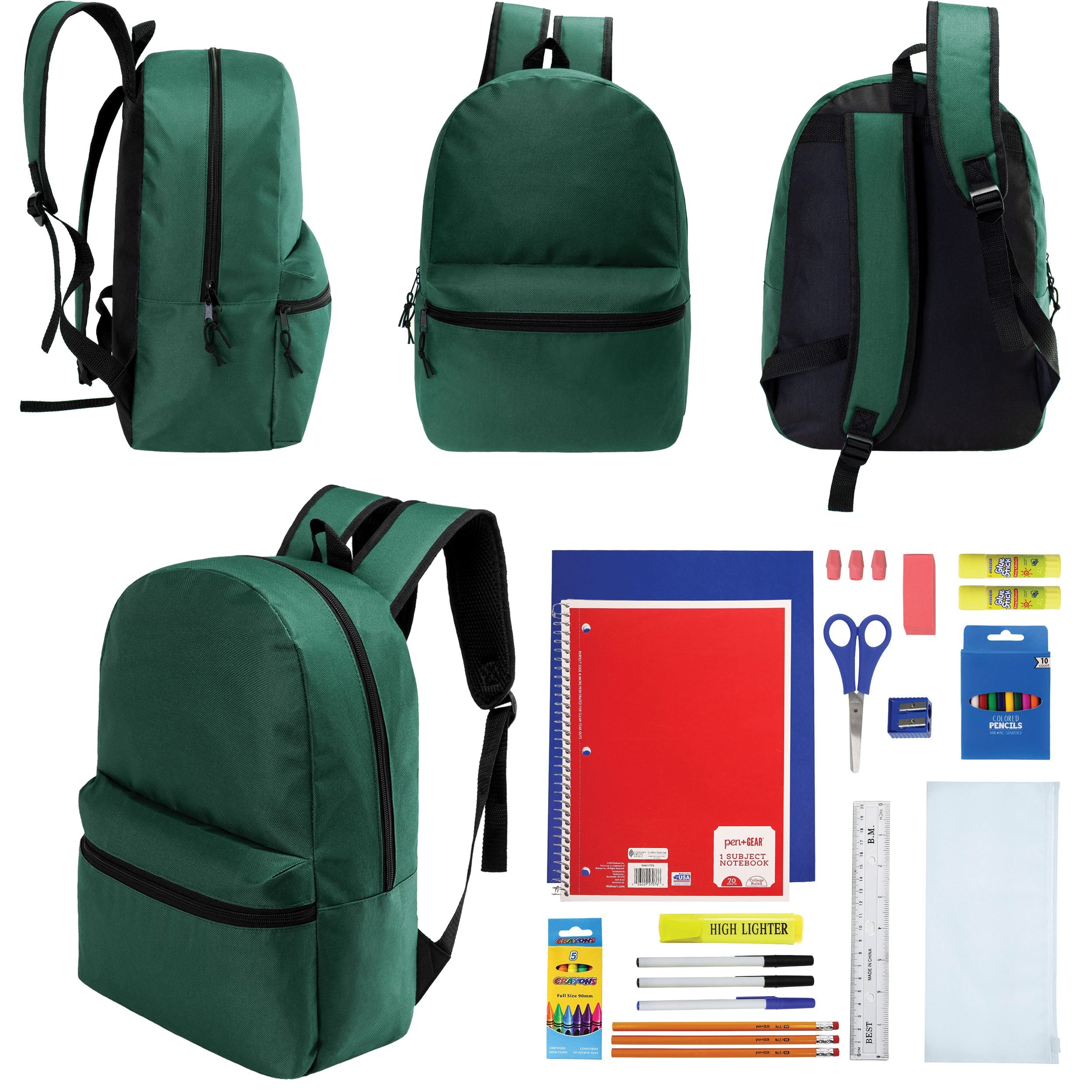 12 Wholesale 17" Basic Backpacks in Dark Green & 12 Bulk School Supply Kits of Your Choice