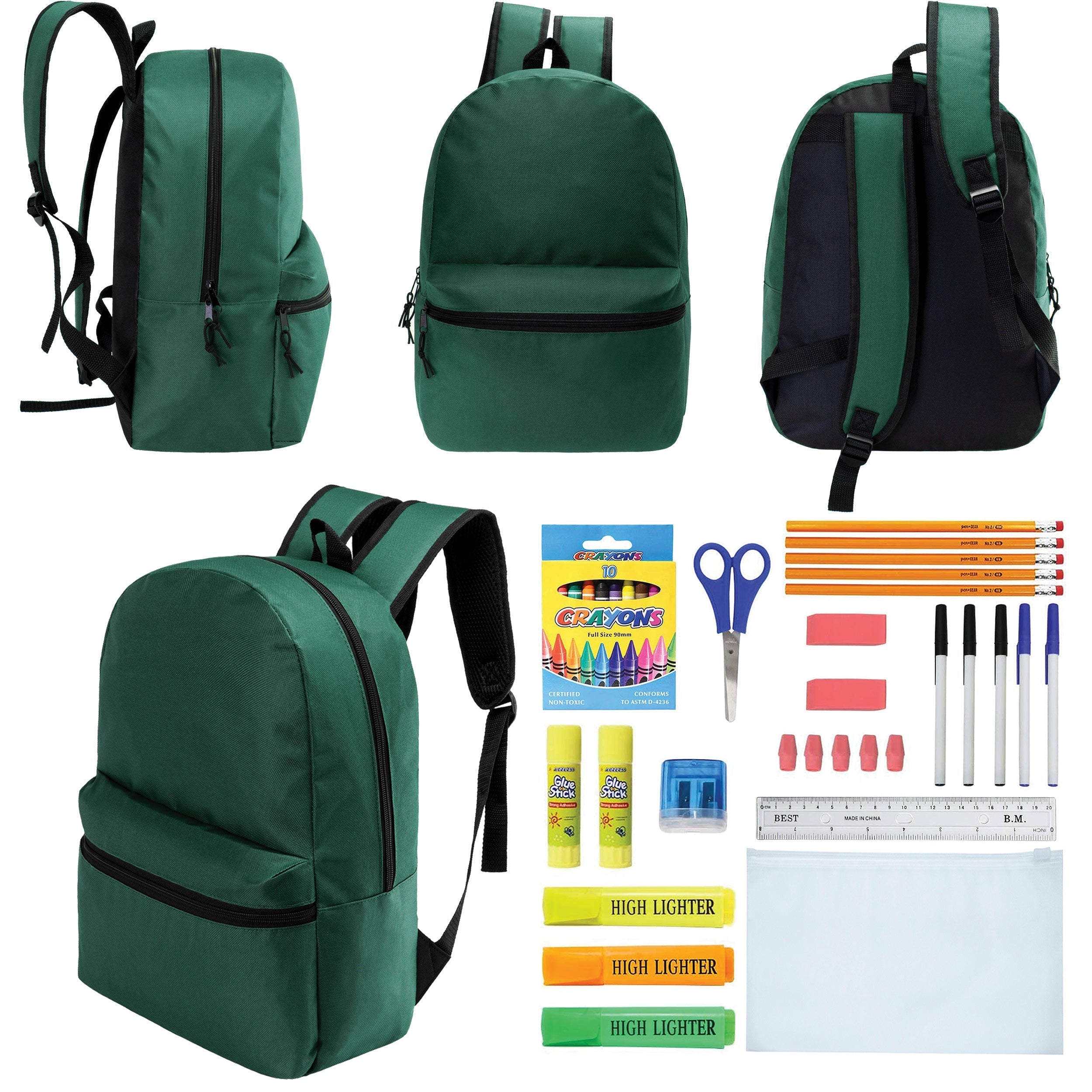 12 Wholesale 17" Basic Backpacks in Dark Green & 12 Bulk School Supply Kits of Your Choice