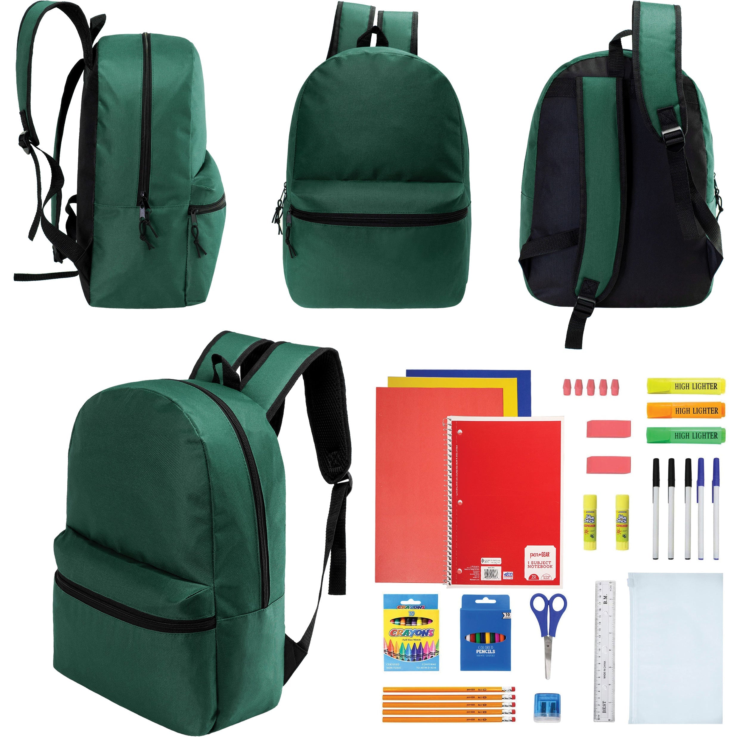 12 Wholesale 17" Basic Backpacks in Dark Green & 12 Bulk School Supply Kits of Your Choice