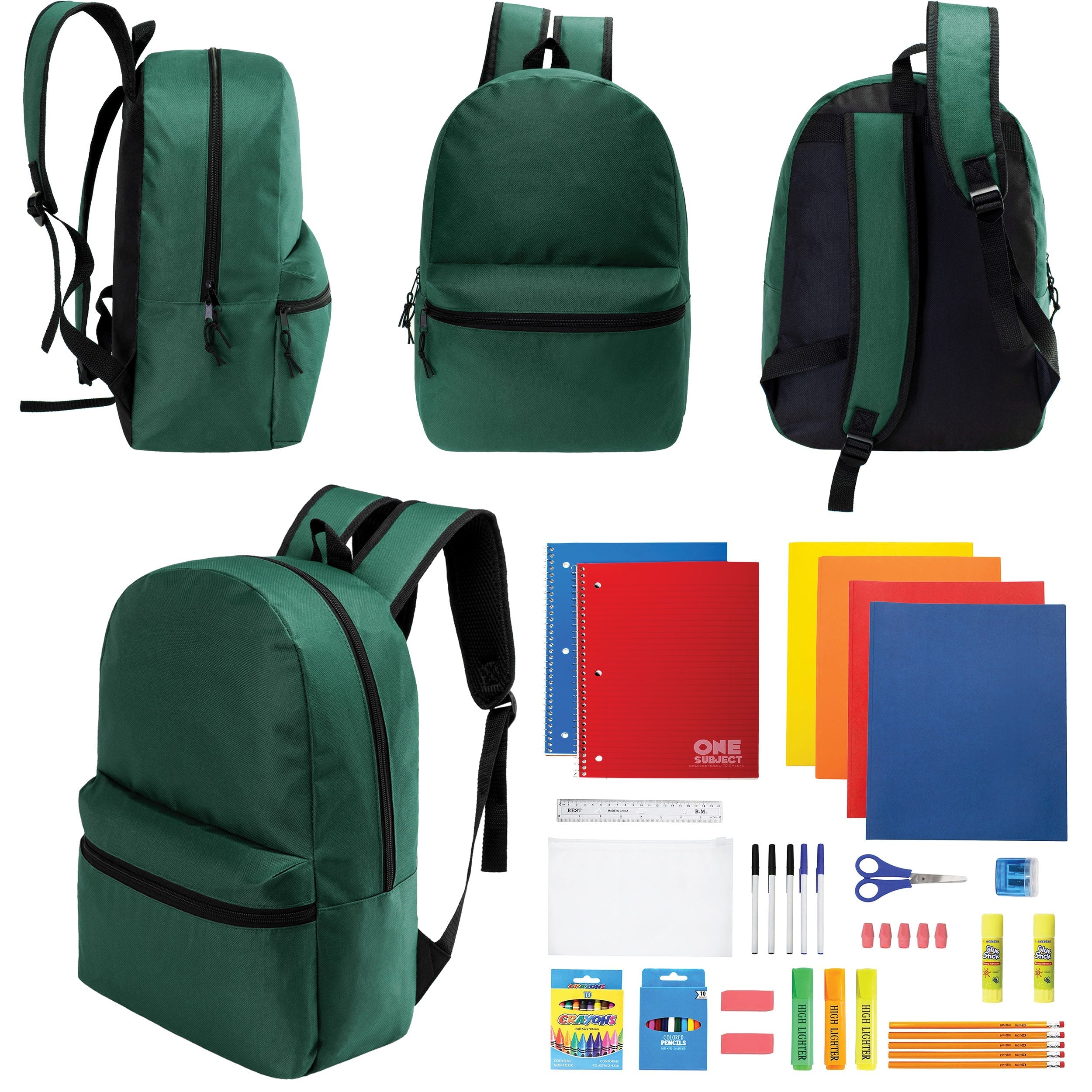 12 Wholesale 17" Basic Backpacks in Dark Green & 12 Bulk School Supply Kits of Your Choice