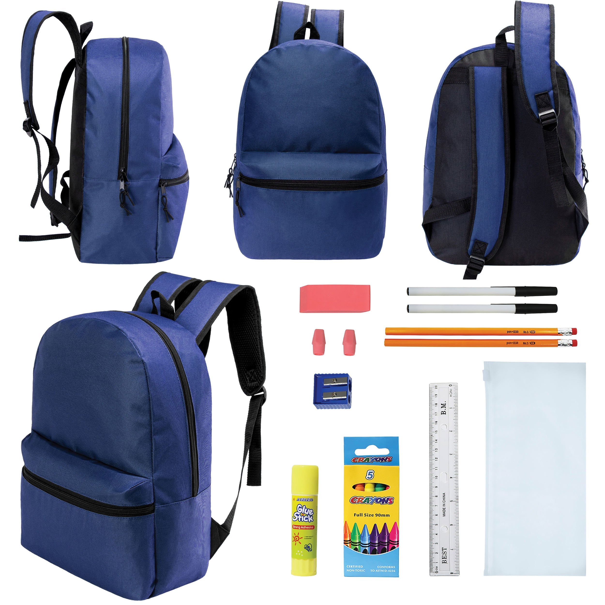 12 Wholesale 17" Basic Backpacks in Navy Blue & 12 Bulk School Supply Kits of Your Choice