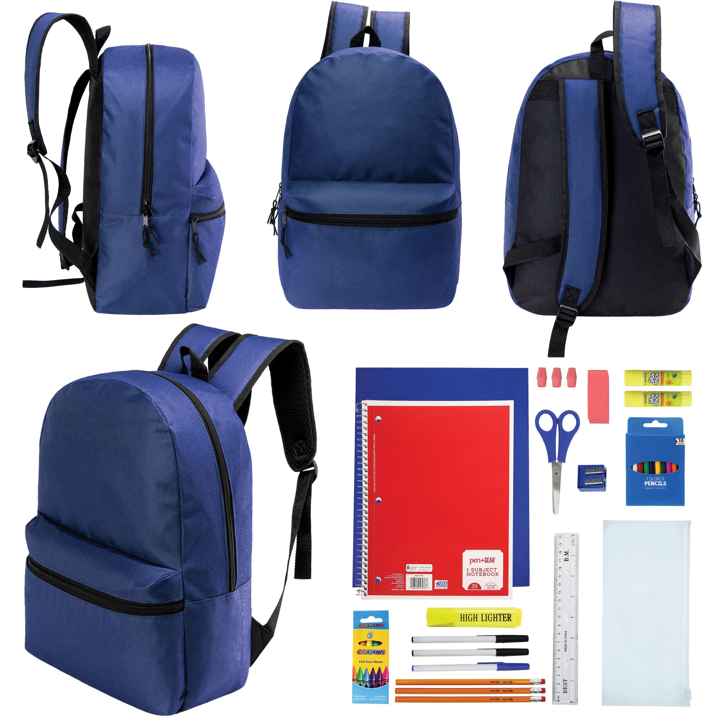 12 Wholesale 17" Basic Backpacks in Navy Blue & 12 Bulk School Supply Kits of Your Choice