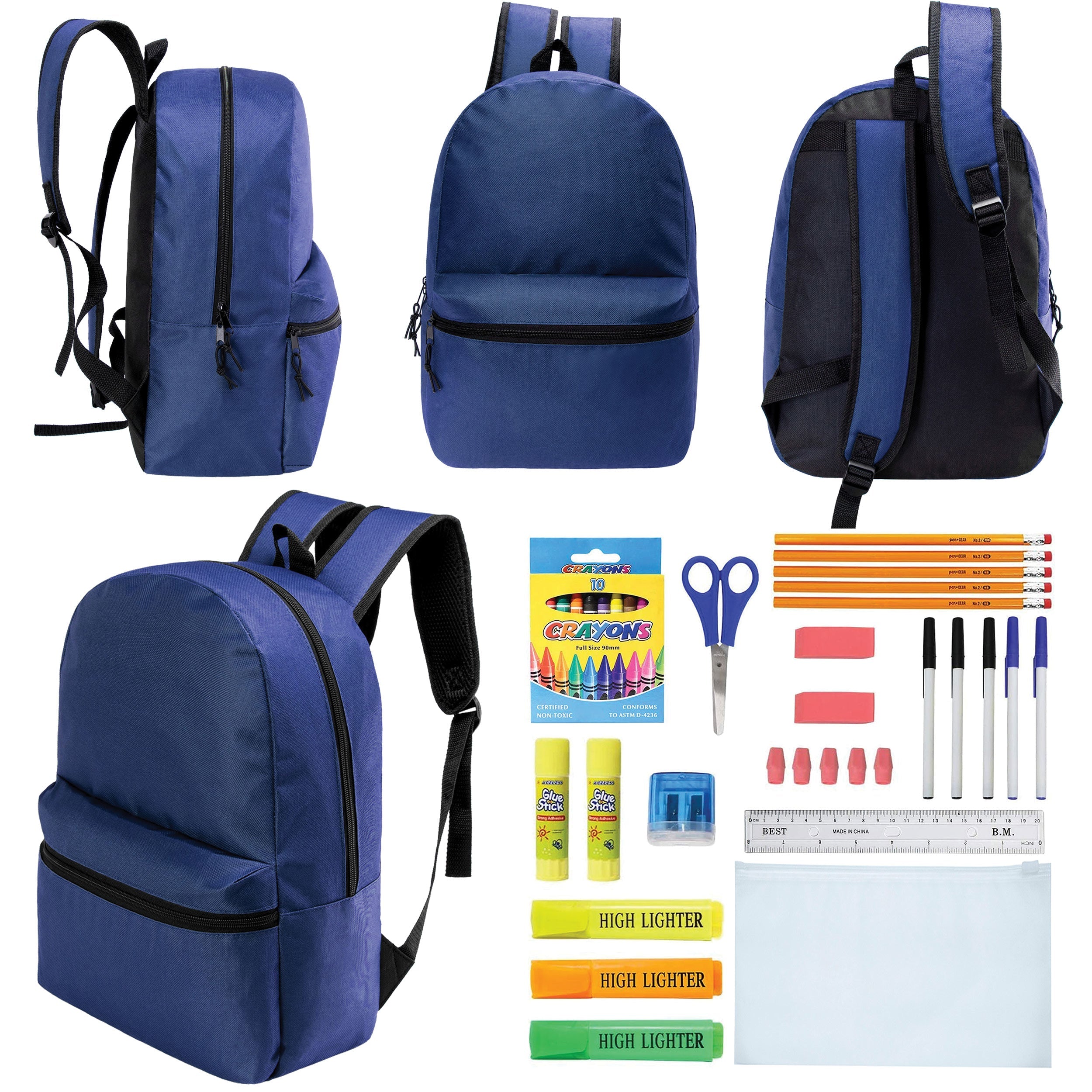 12 Wholesale 17" Basic Backpacks in Navy Blue & 12 Bulk School Supply Kits of Your Choice