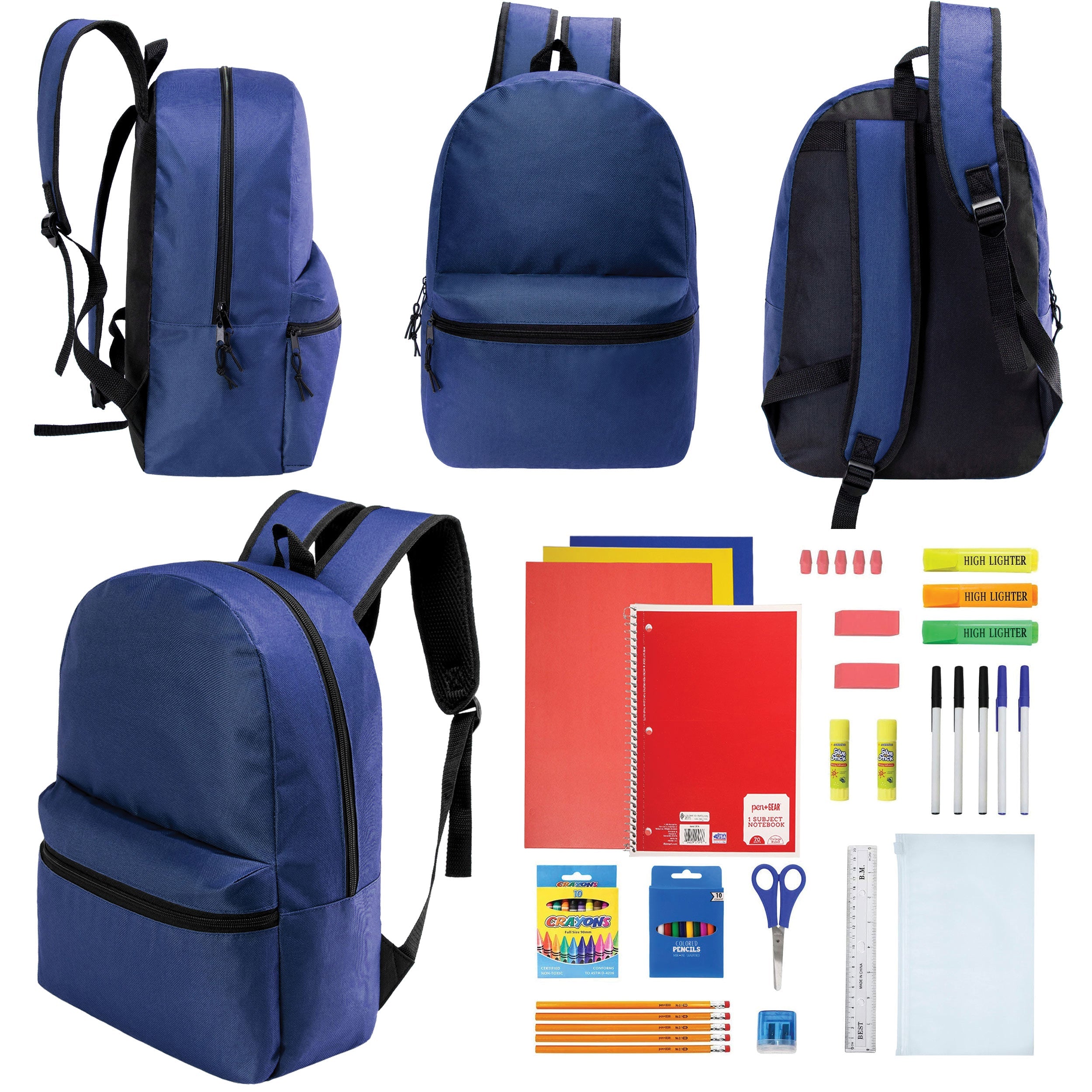 12 Wholesale 17" Basic Backpacks in Navy Blue & 12 Bulk School Supply Kits of Your Choice