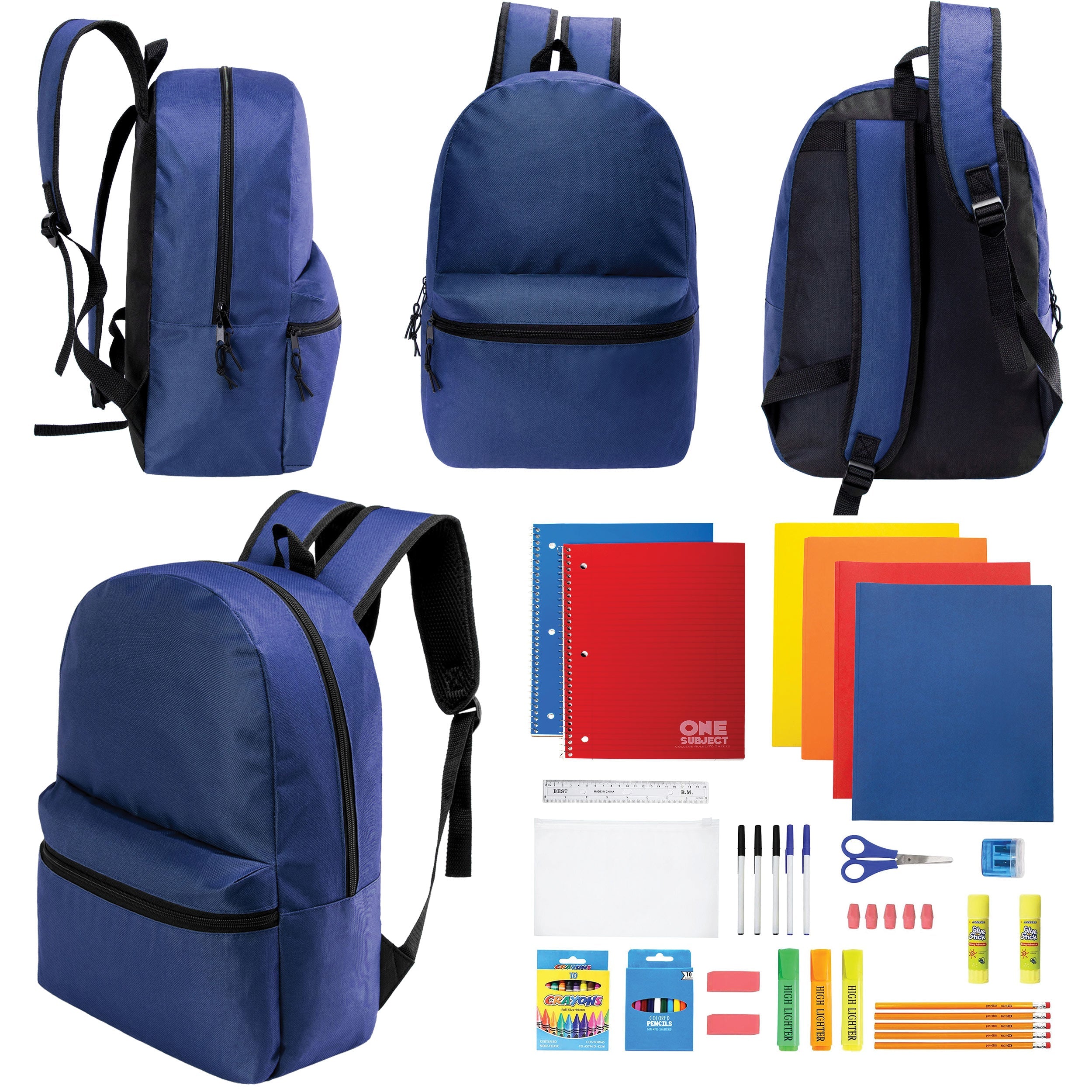 12 Wholesale 17" Basic Backpacks in Navy Blue & 12 Bulk School Supply Kits of Your Choice