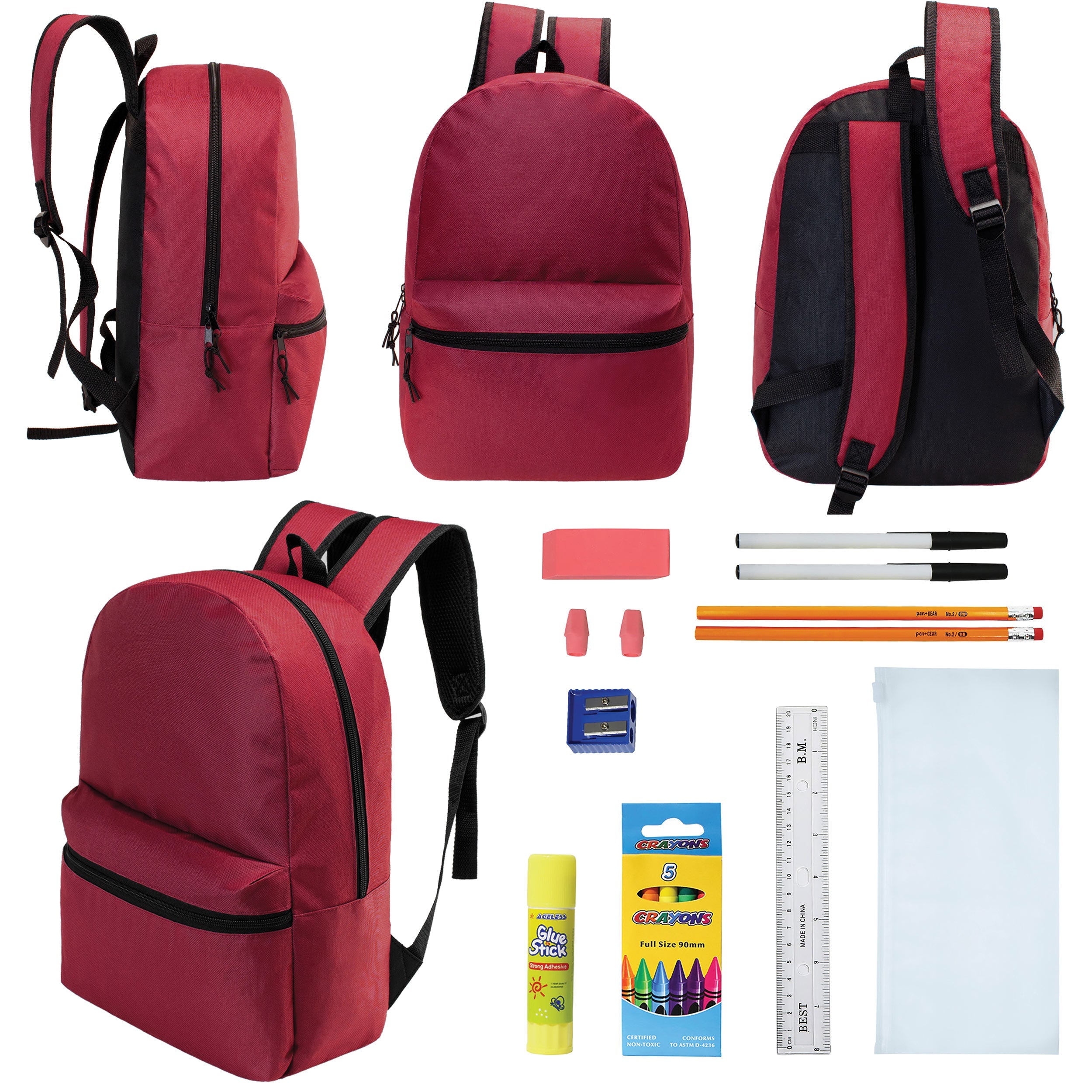 12 Wholesale 17" Basic Backpacks in Burgundy & 12 Bulk School Supply Kits of Your Choice