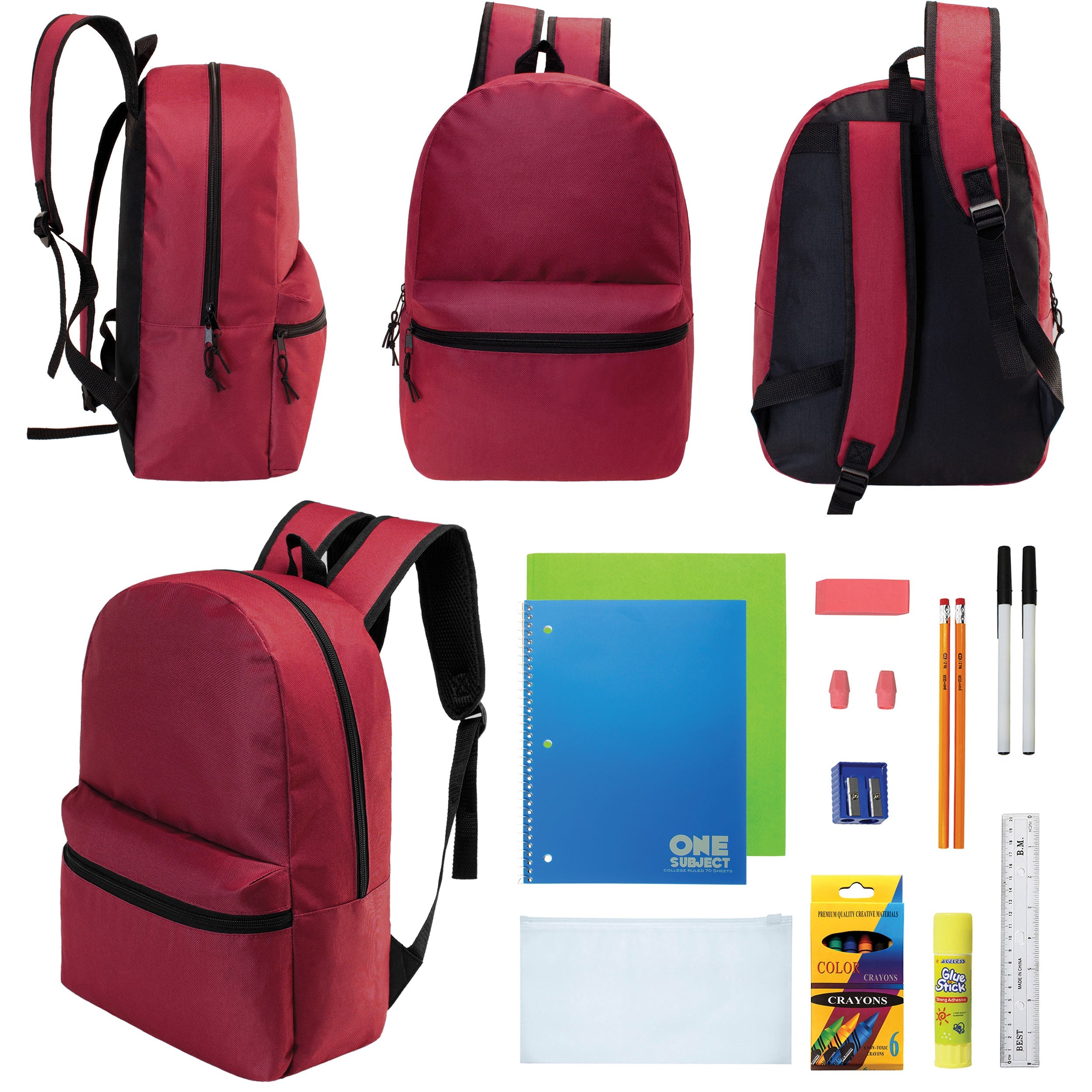 12 Wholesale 17" Basic Backpacks in Burgundy & 12 Bulk School Supply Kits of Your Choice