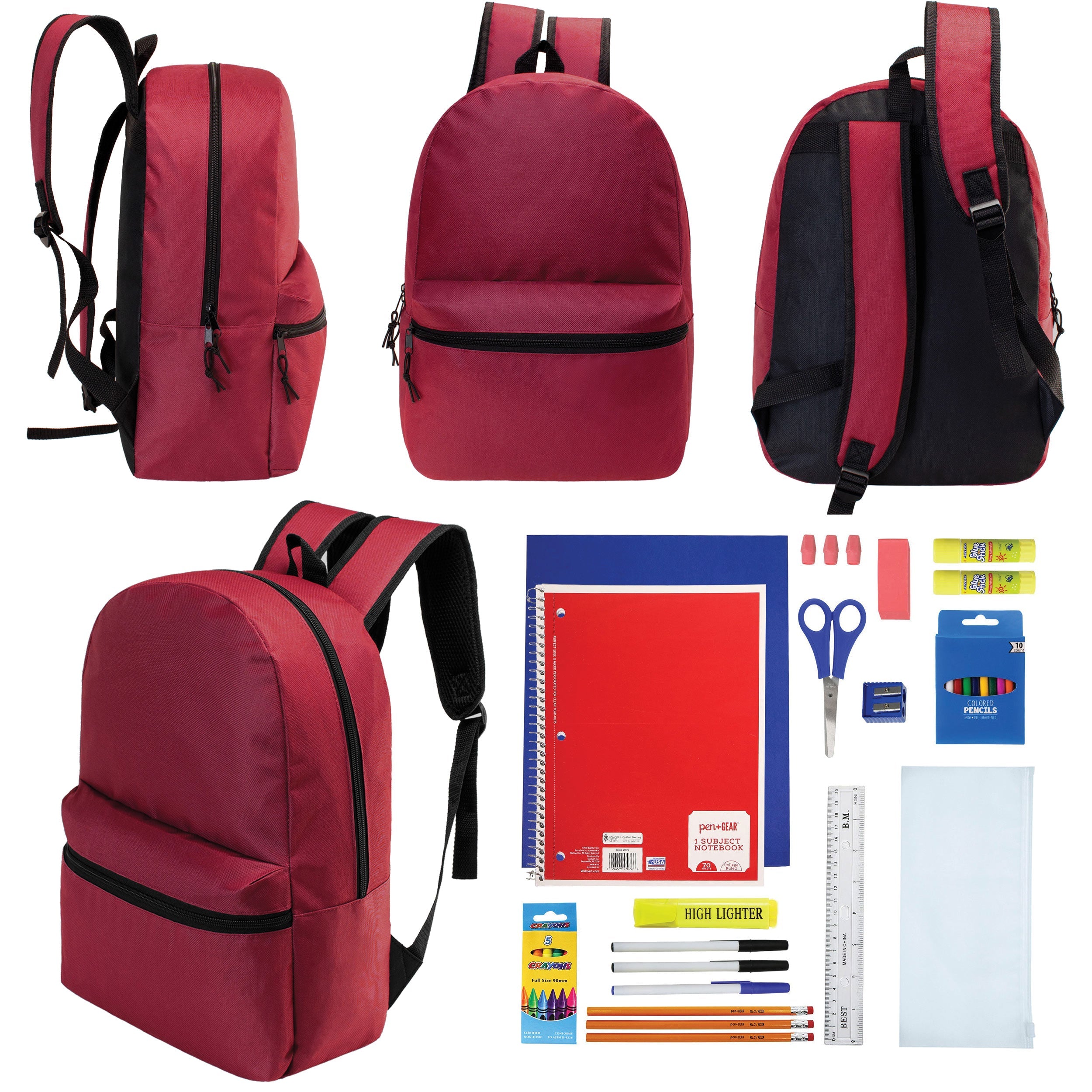 12 Wholesale 17" Basic Backpacks in Burgundy & 12 Bulk School Supply Kits of Your Choice