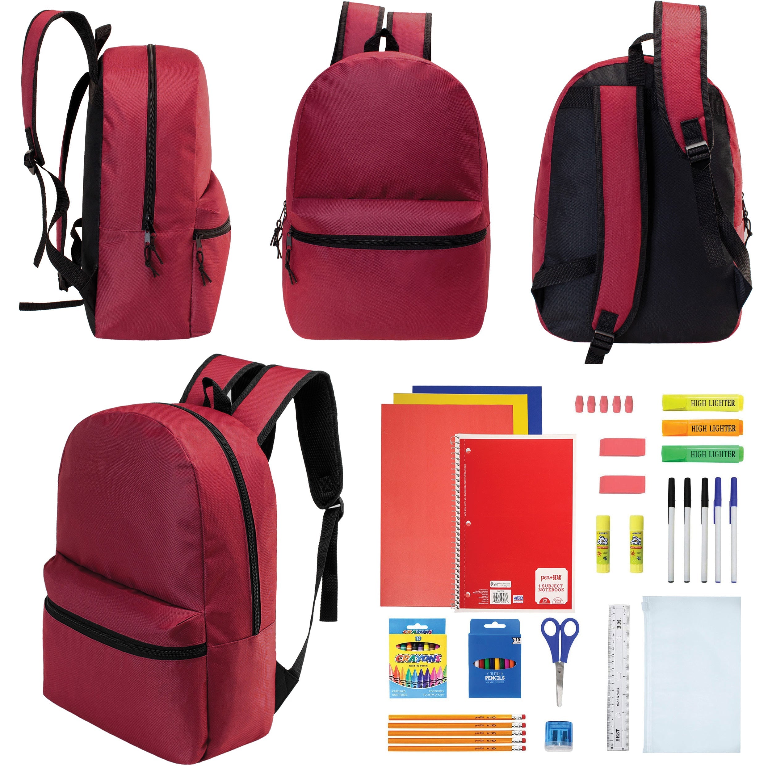 12 Wholesale 17" Basic Backpacks in Burgundy & 12 Bulk School Supply Kits of Your Choice