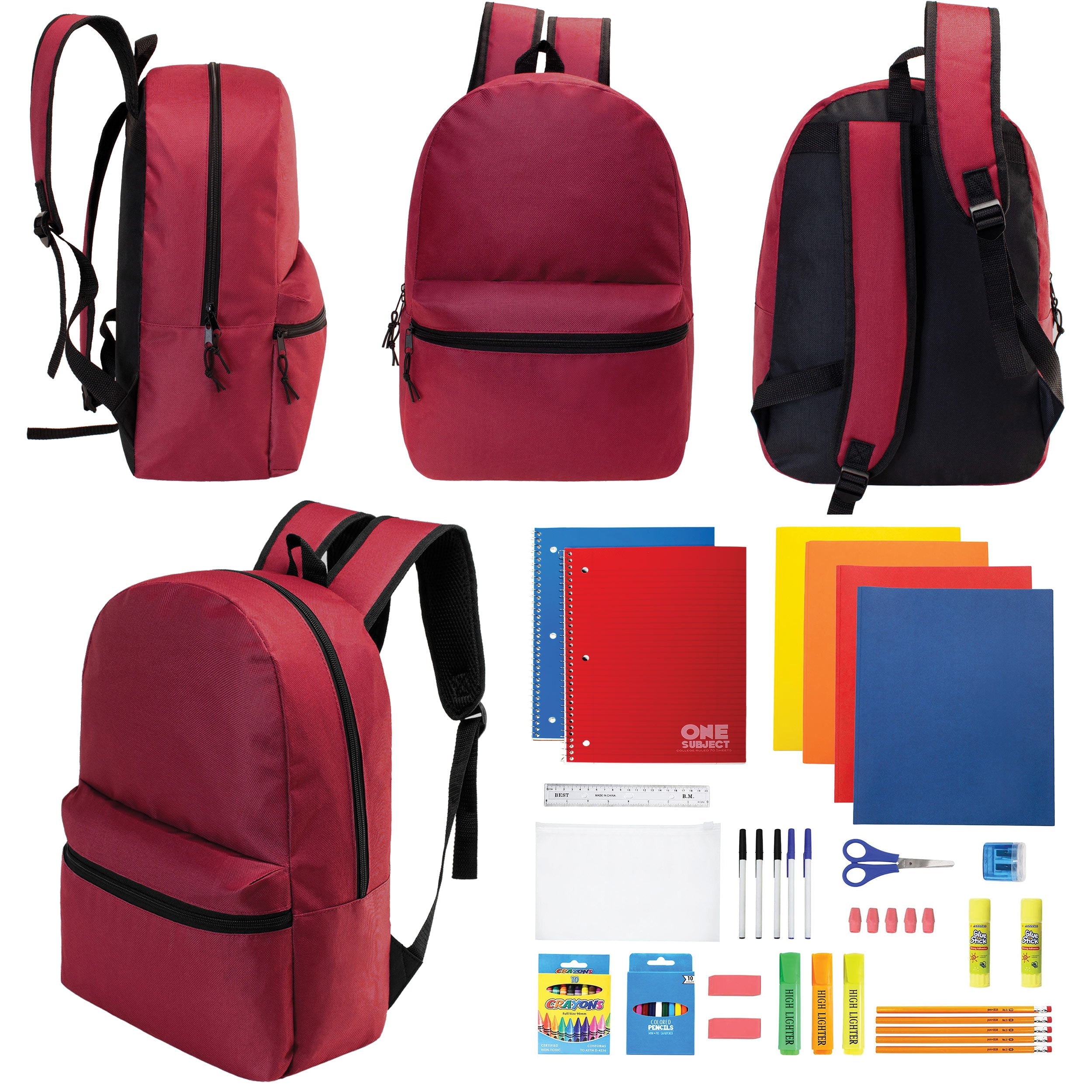 12 Wholesale 17" Basic Backpacks in Burgundy & 12 Bulk School Supply Kits of Your Choice