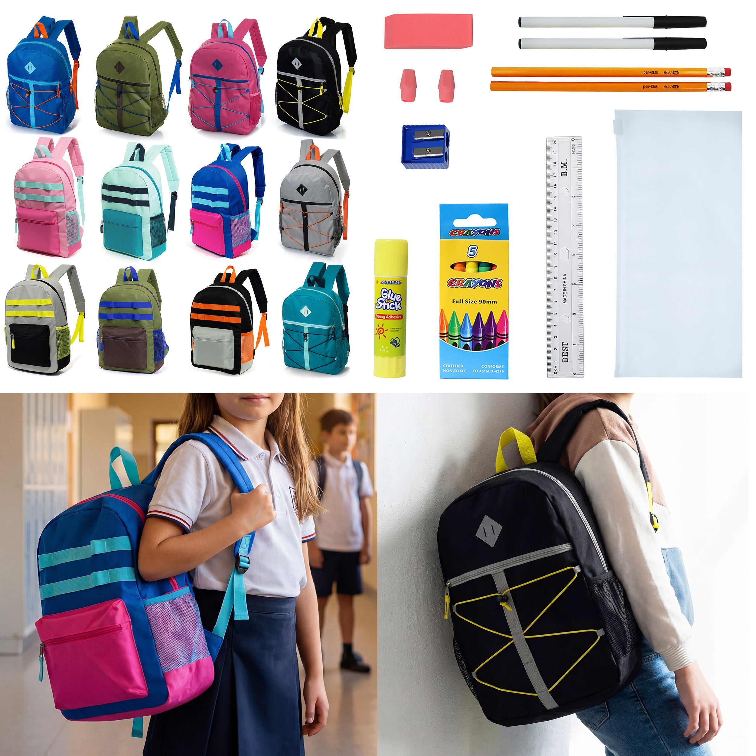 12 Wholesale 17" Backpacks in Assorted Colors and Prints & 12 Bulk School Supply Kits of Your Choice