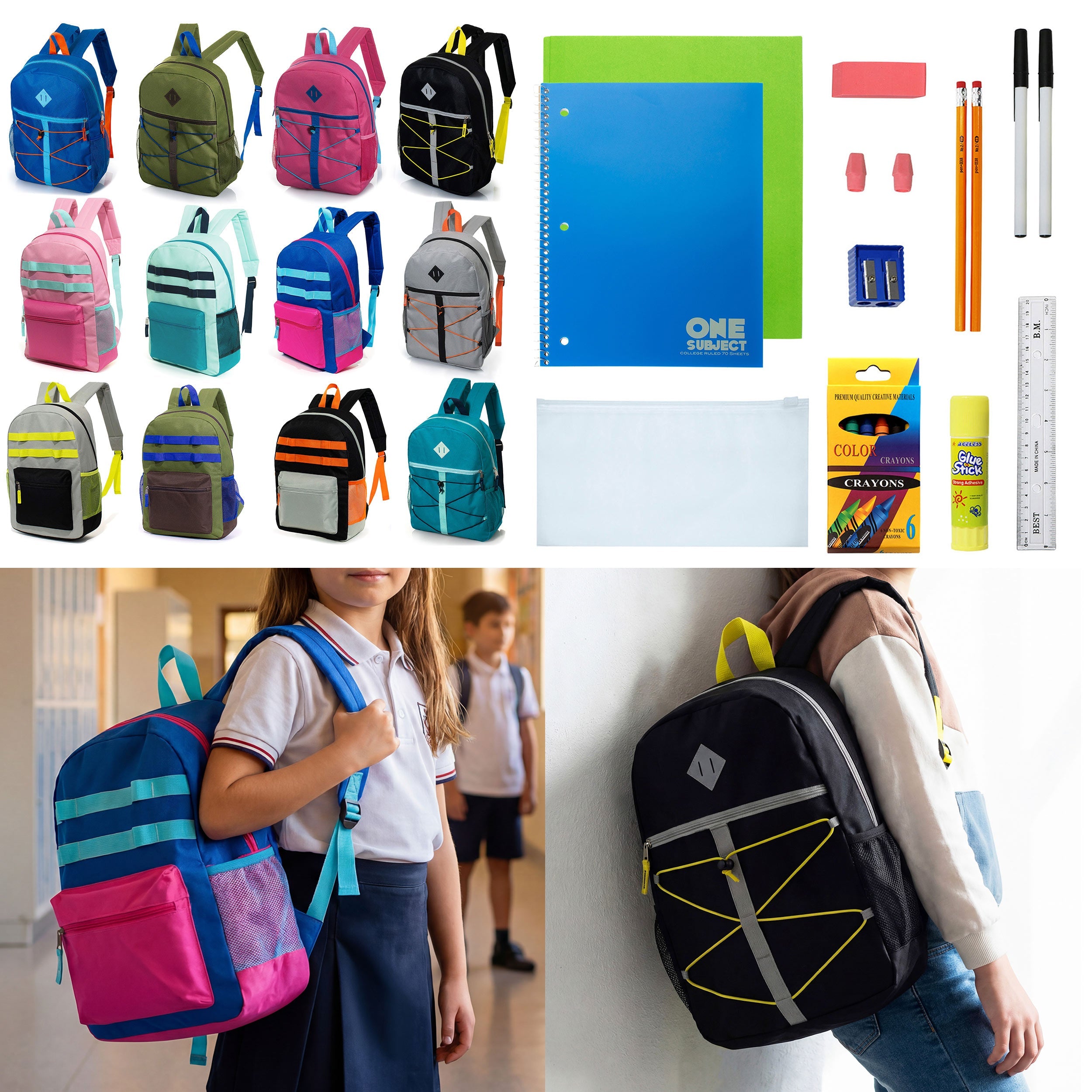 12 Wholesale 17" Backpacks in Assorted Colors and Prints & 12 Bulk School Supply Kits of Your Choice