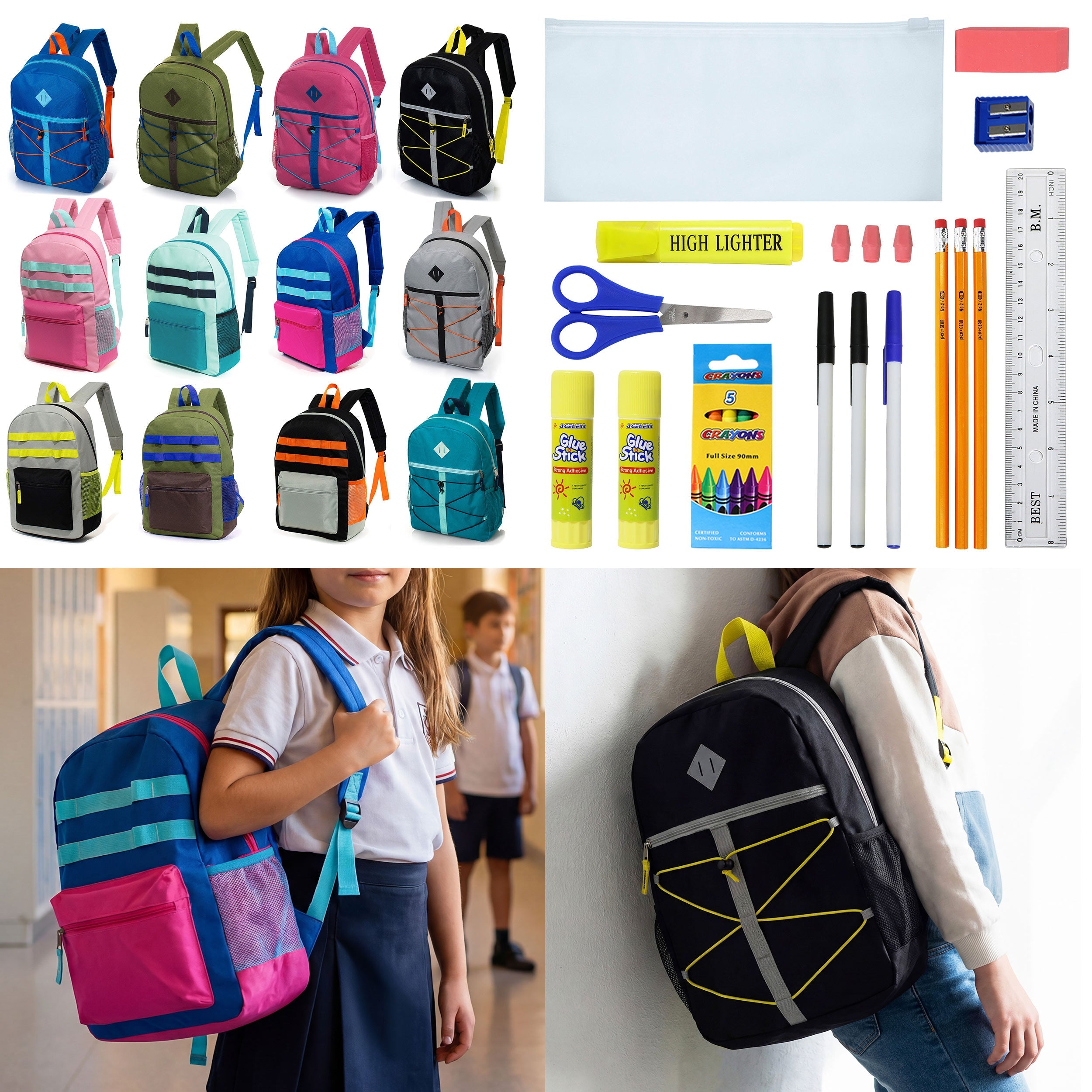 12 Wholesale 17" Backpacks in Assorted Colors and Prints & 12 Bulk School Supply Kits of Your Choice