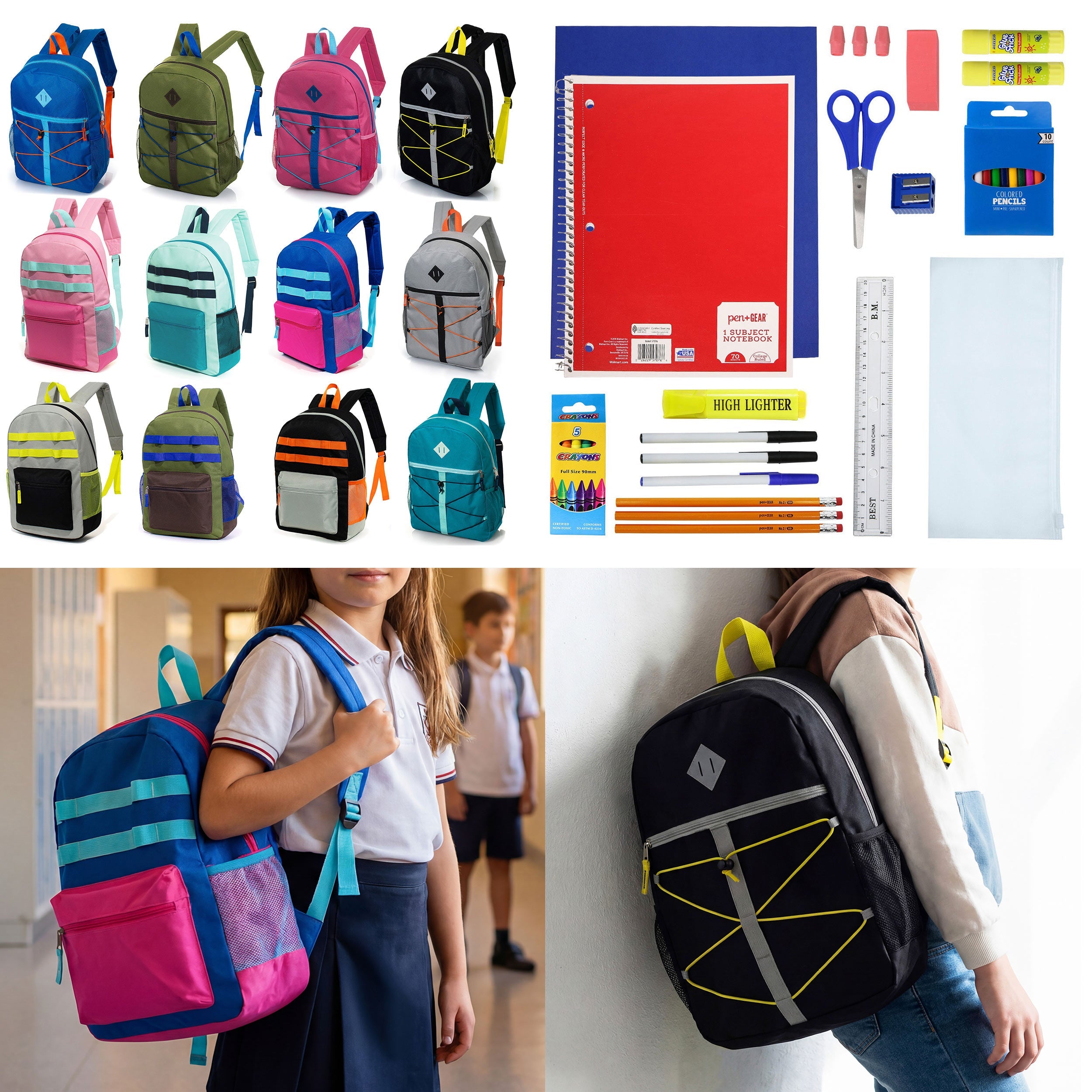 12 Wholesale 17" Backpacks in Assorted Colors and Prints & 12 Bulk School Supply Kits of Your Choice