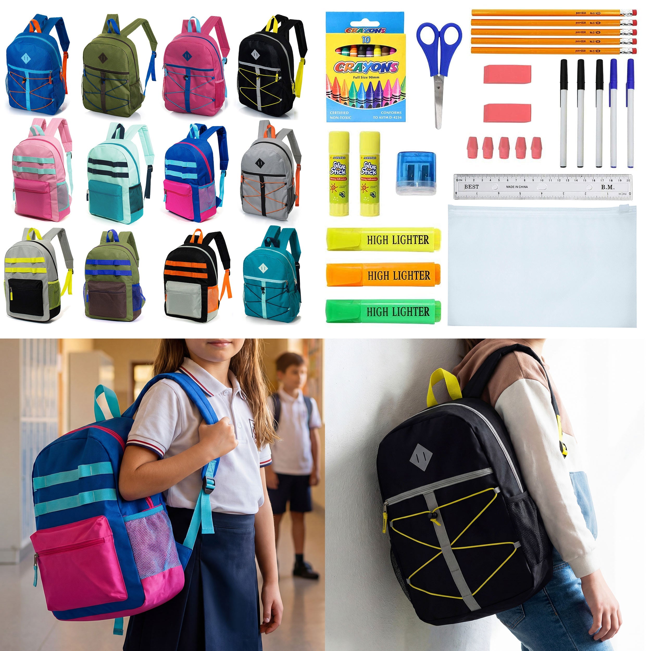 12 Wholesale 17" Backpacks in Assorted Colors and Prints & 12 Bulk School Supply Kits of Your Choice