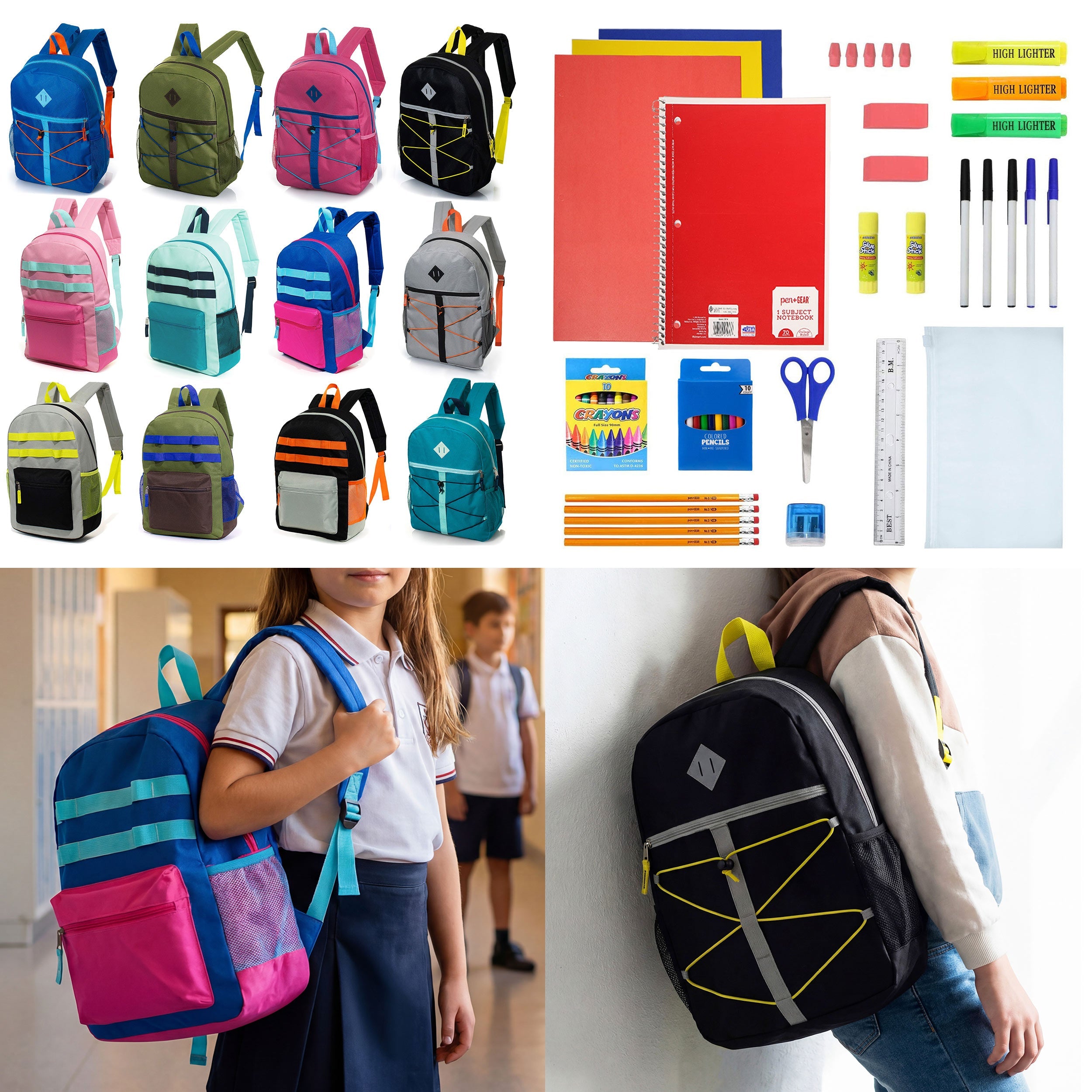12 Wholesale 17" Backpacks in Assorted Colors and Prints & 12 Bulk School Supply Kits of Your Choice