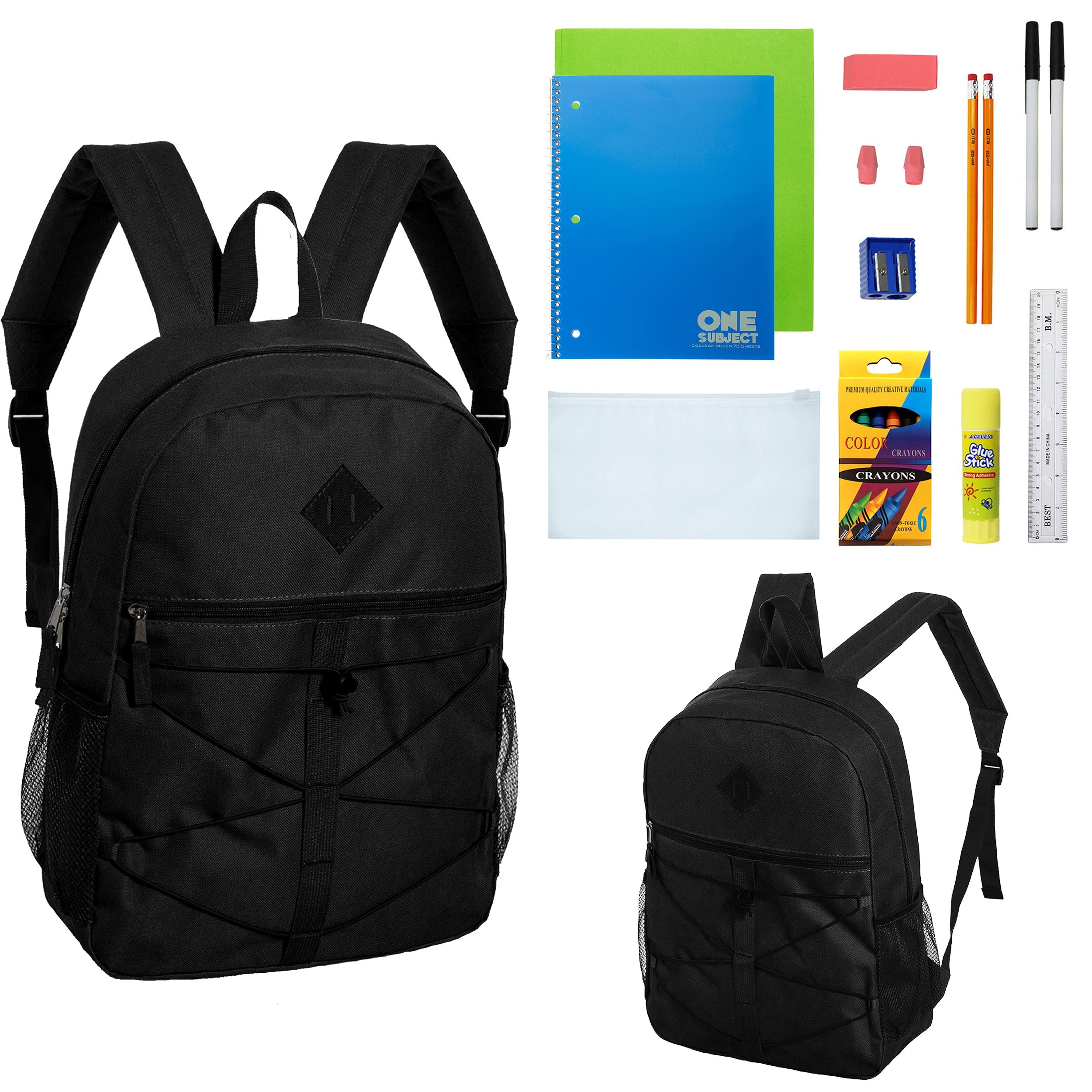 12 Wholesale 18" Bungee Backpacks in Black & 12 Bulk School Supply Kits of Your Choice