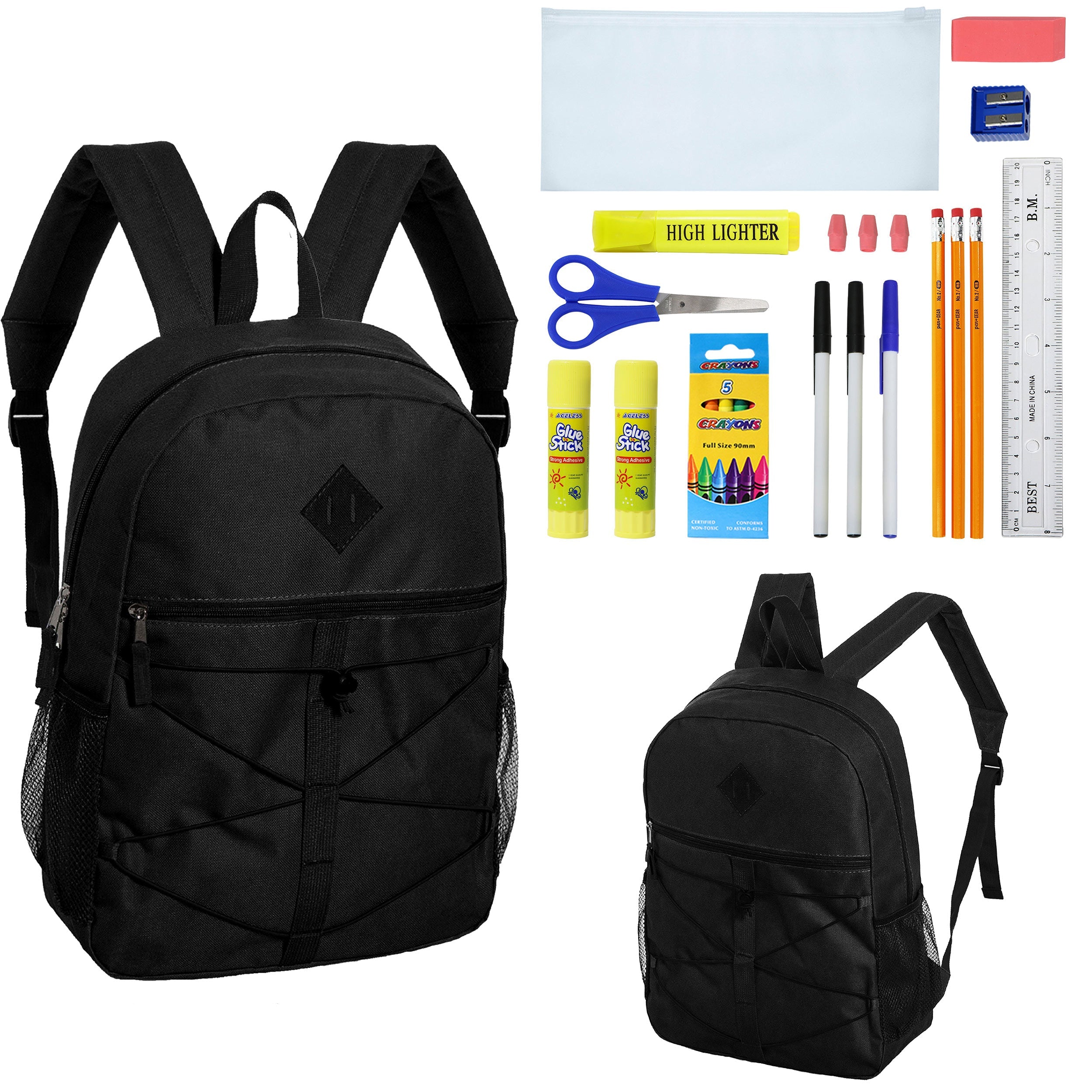12 Wholesale 18" Bungee Backpacks in Black & 12 Bulk School Supply Kits of Your Choice