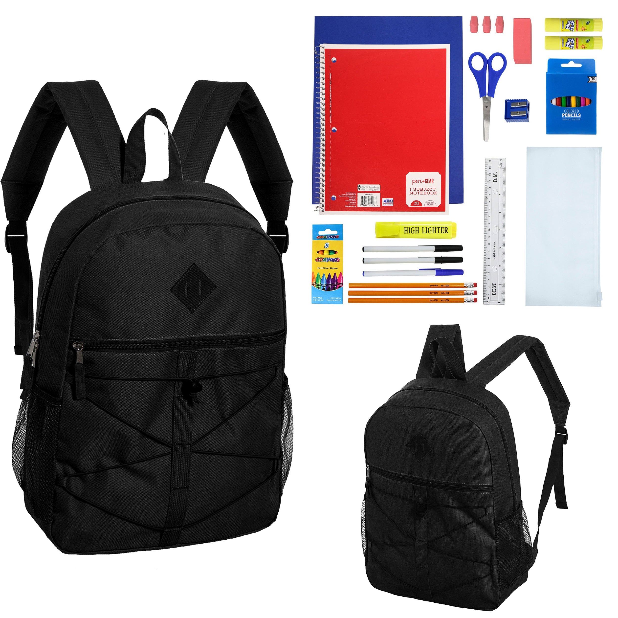 12 Wholesale 18" Bungee Backpacks in Black & 12 Bulk School Supply Kits of Your Choice