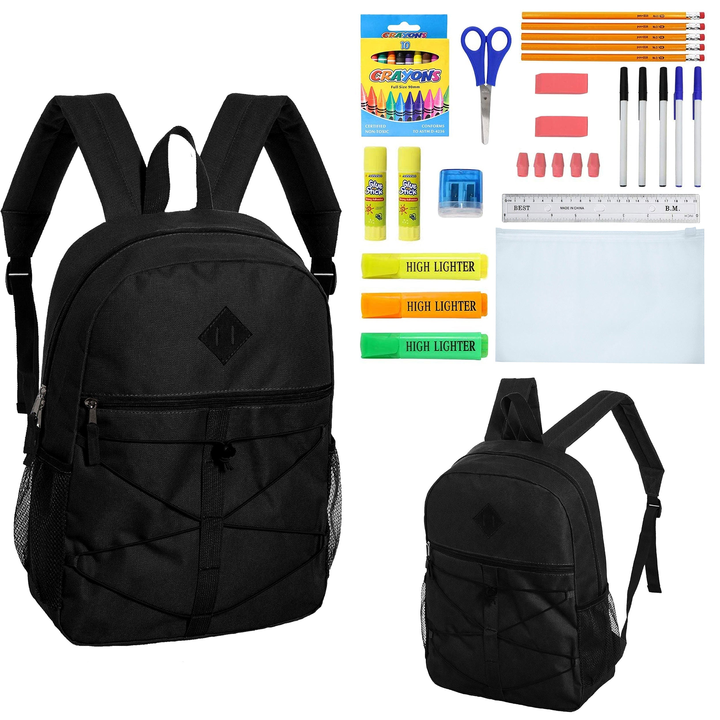 12 Wholesale 18" Bungee Backpacks in Black & 12 Bulk School Supply Kits of Your Choice