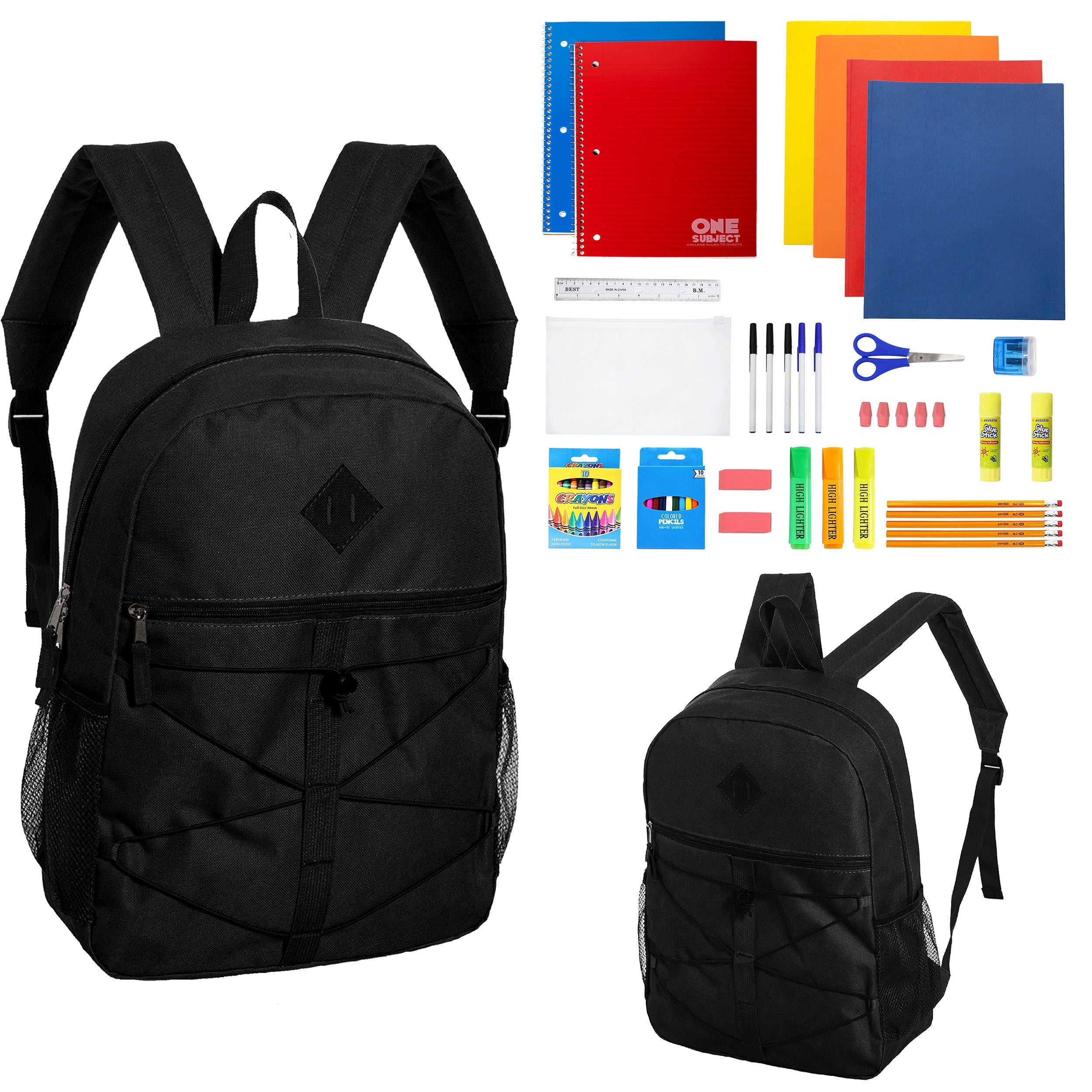 12 Wholesale 18" Bungee Backpacks in Black & 12 Bulk School Supply Kits of Your Choice