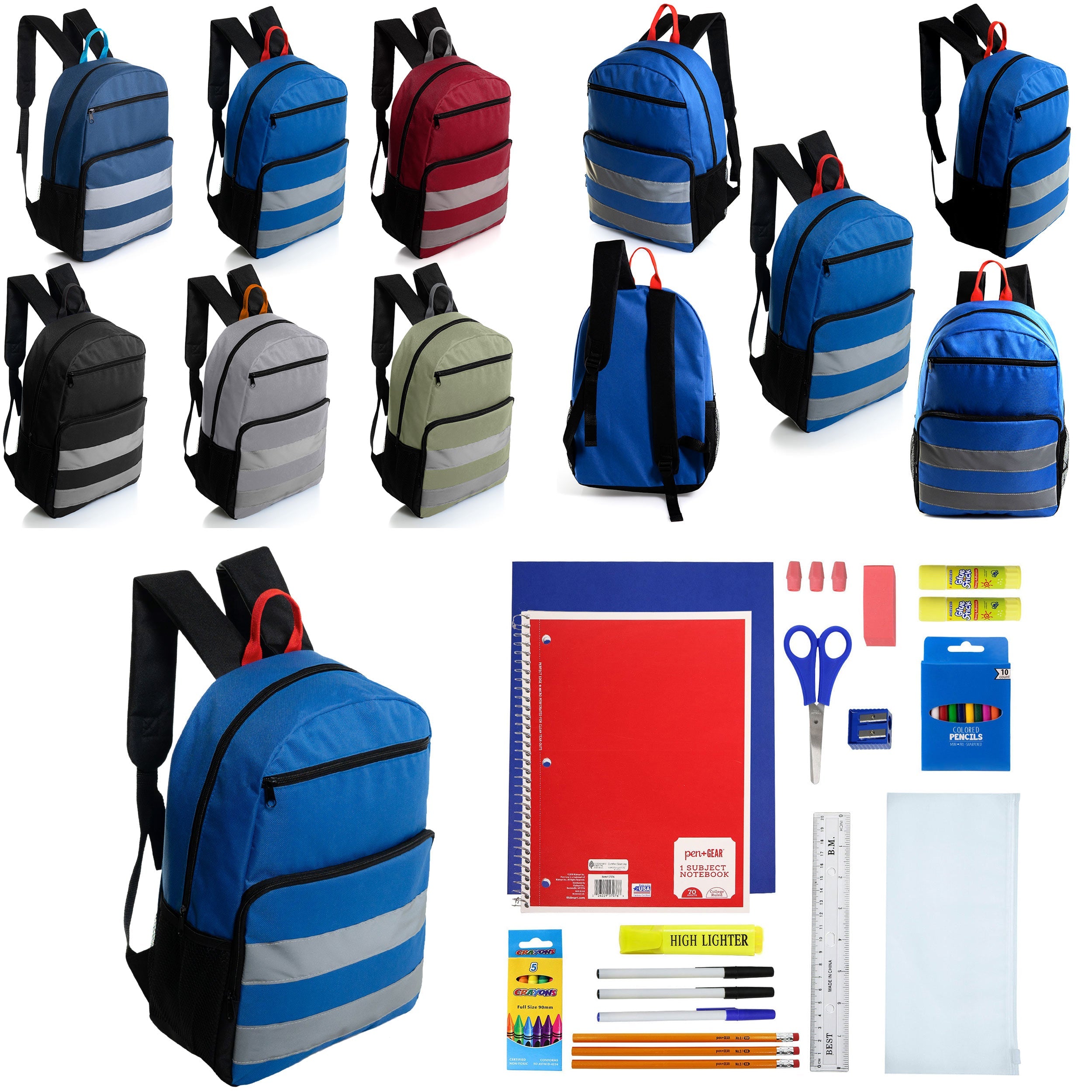 12 Wholesale 17" Reflective Backpacks in Assorted Colors & 12 Bulk School Supply Kits of Your Choice