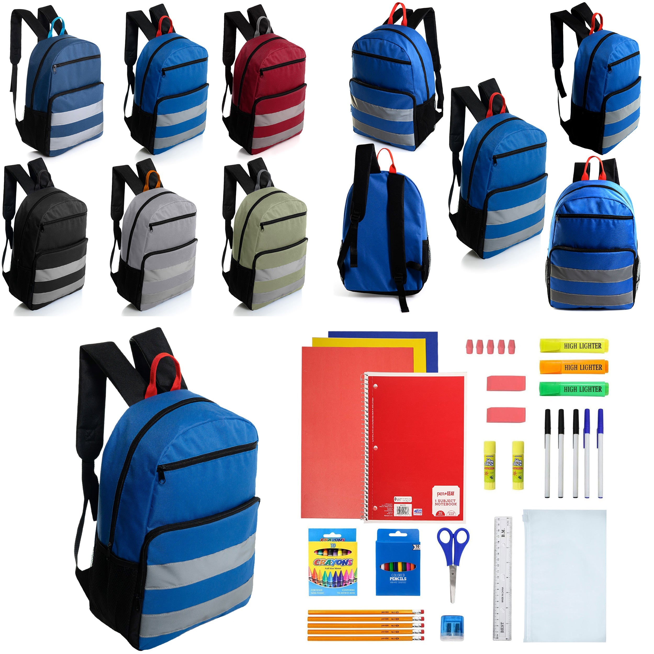 12 Wholesale 17" Reflective Backpacks in Assorted Colors & 12 Bulk School Supply Kits of Your Choice