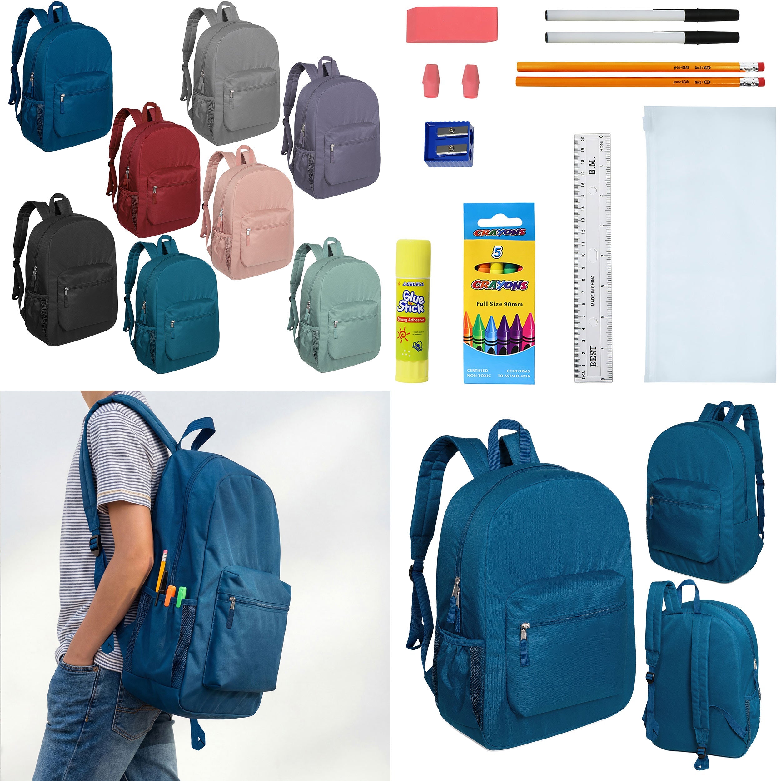 12 Wholesale 17" Padded Deluxe Backpacks & 12 Bulk School Supply Kits of Your Choice