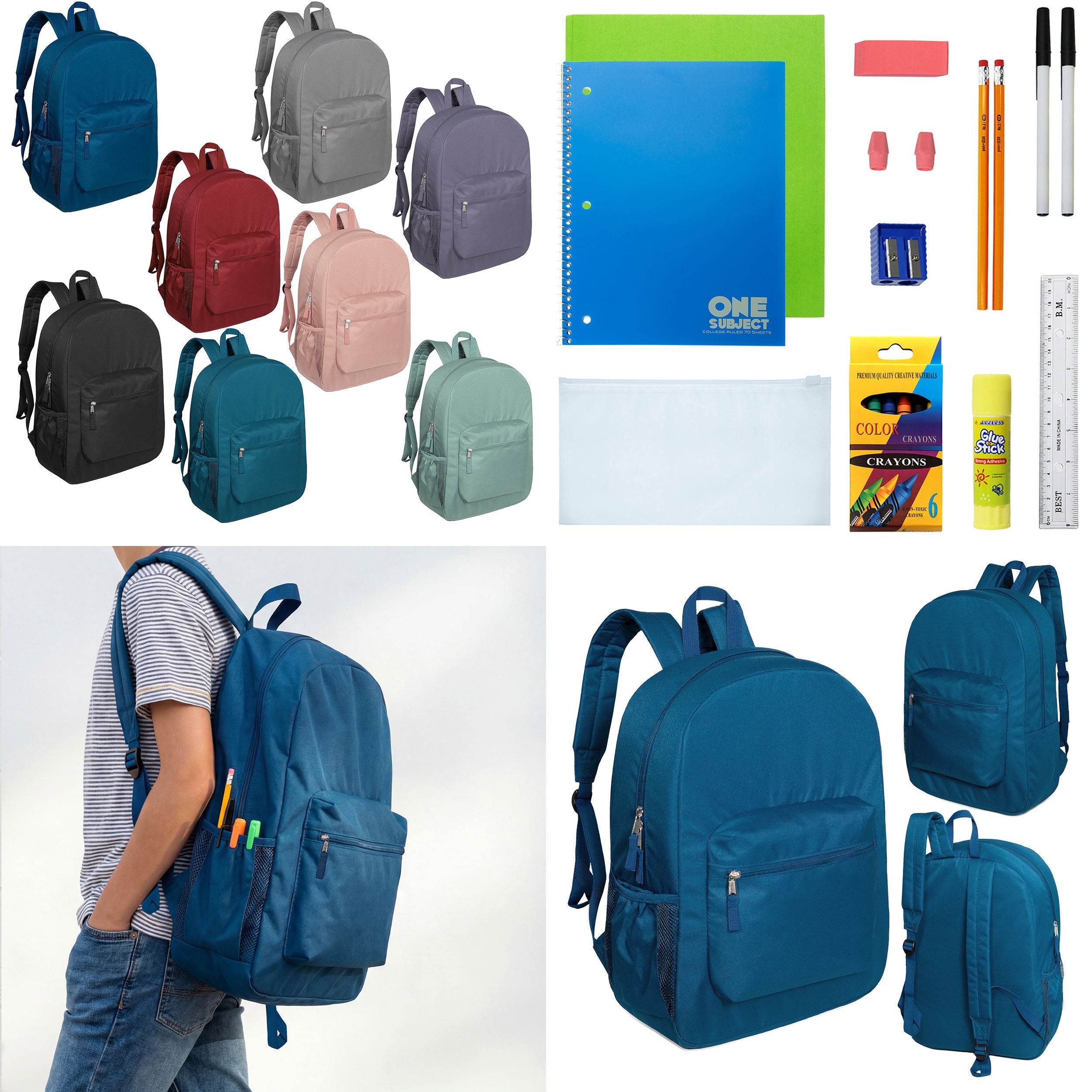 12 Wholesale 17" Padded Deluxe Backpacks & 12 Bulk School Supply Kits of Your Choice