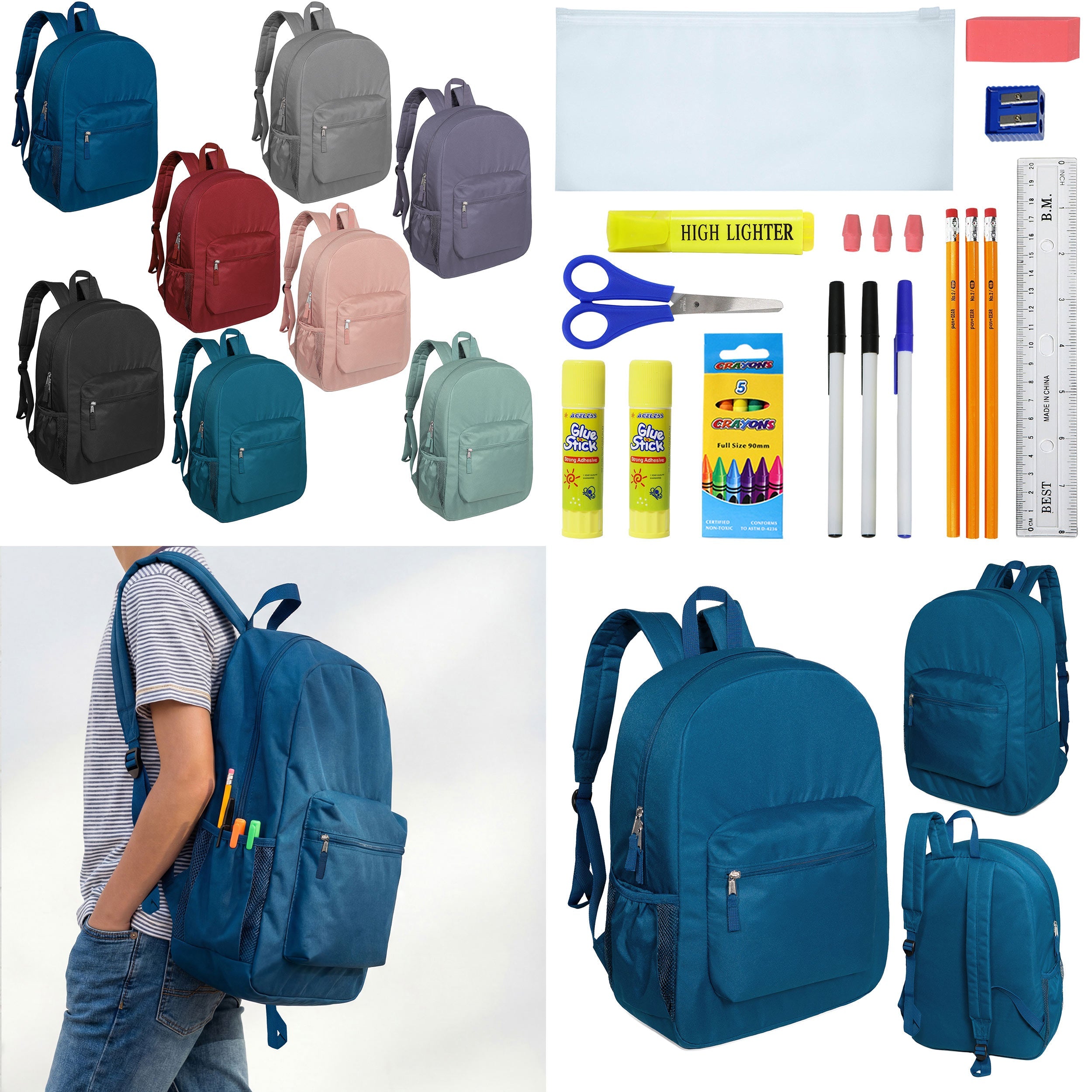 12 Wholesale 17" Padded Deluxe Backpacks & 12 Bulk School Supply Kits of Your Choice