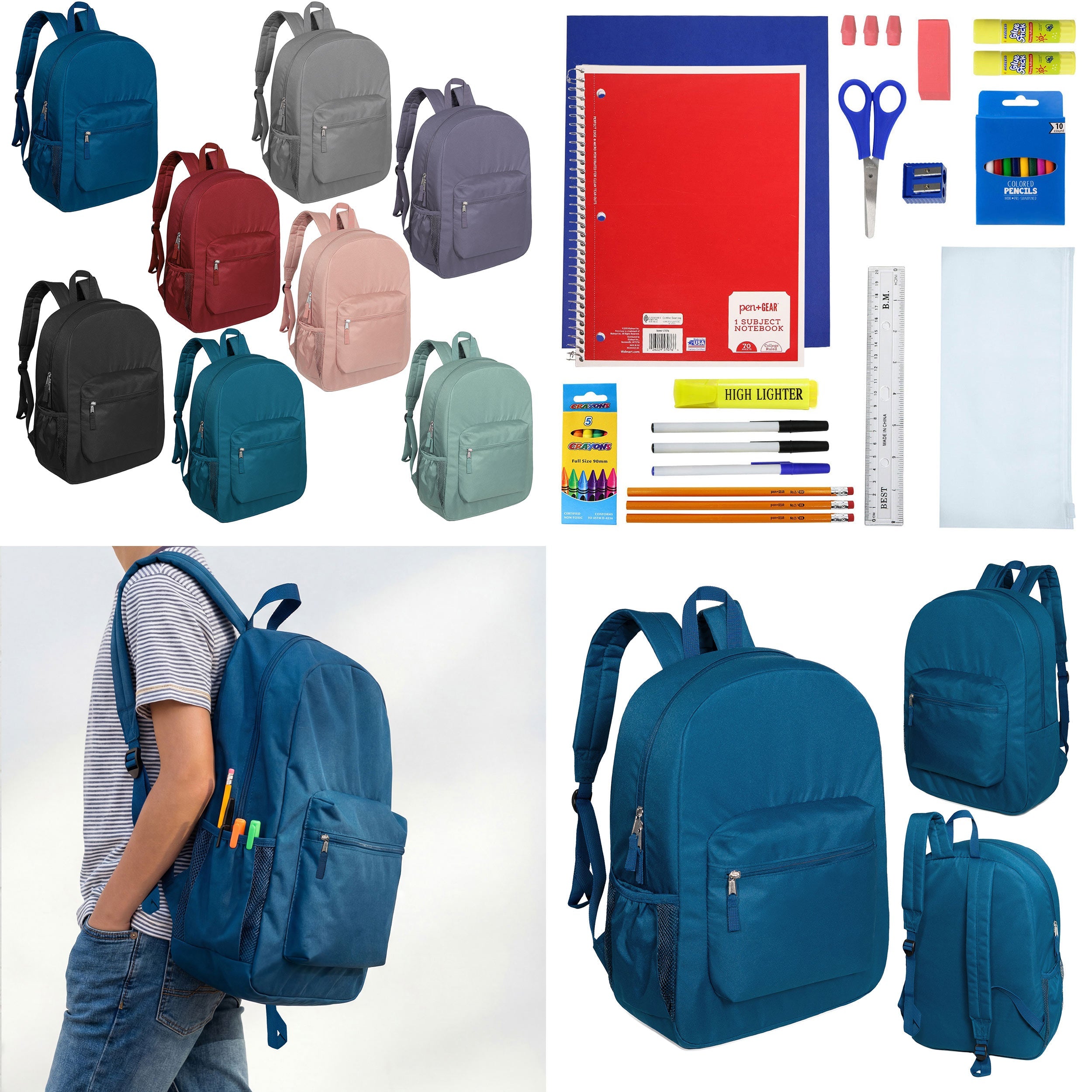 12 Wholesale 17" Padded Deluxe Backpacks & 12 Bulk School Supply Kits of Your Choice