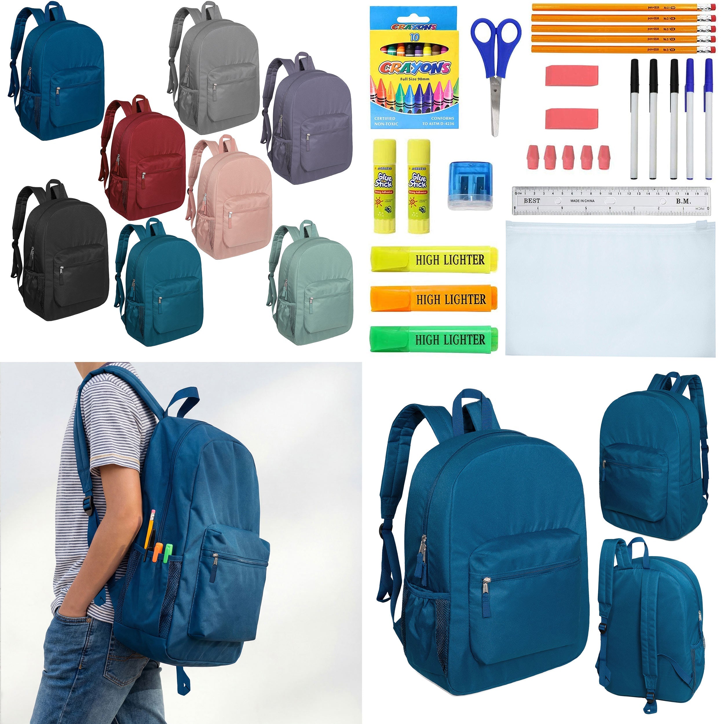 12 Wholesale 17" Padded Deluxe Backpacks & 12 Bulk School Supply Kits of Your Choice