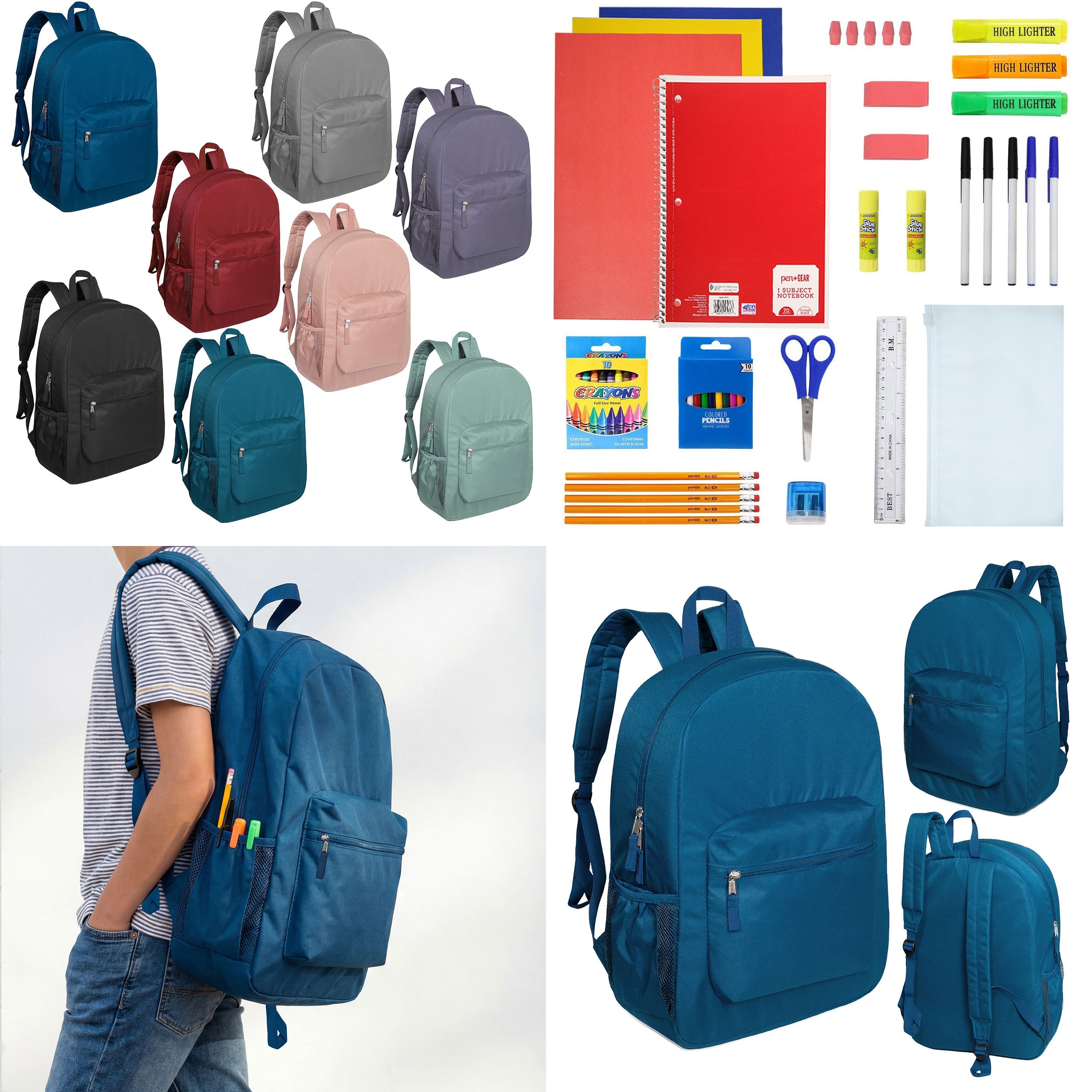 12 Wholesale 17" Padded Deluxe Backpacks & 12 Bulk School Supply Kits of Your Choice