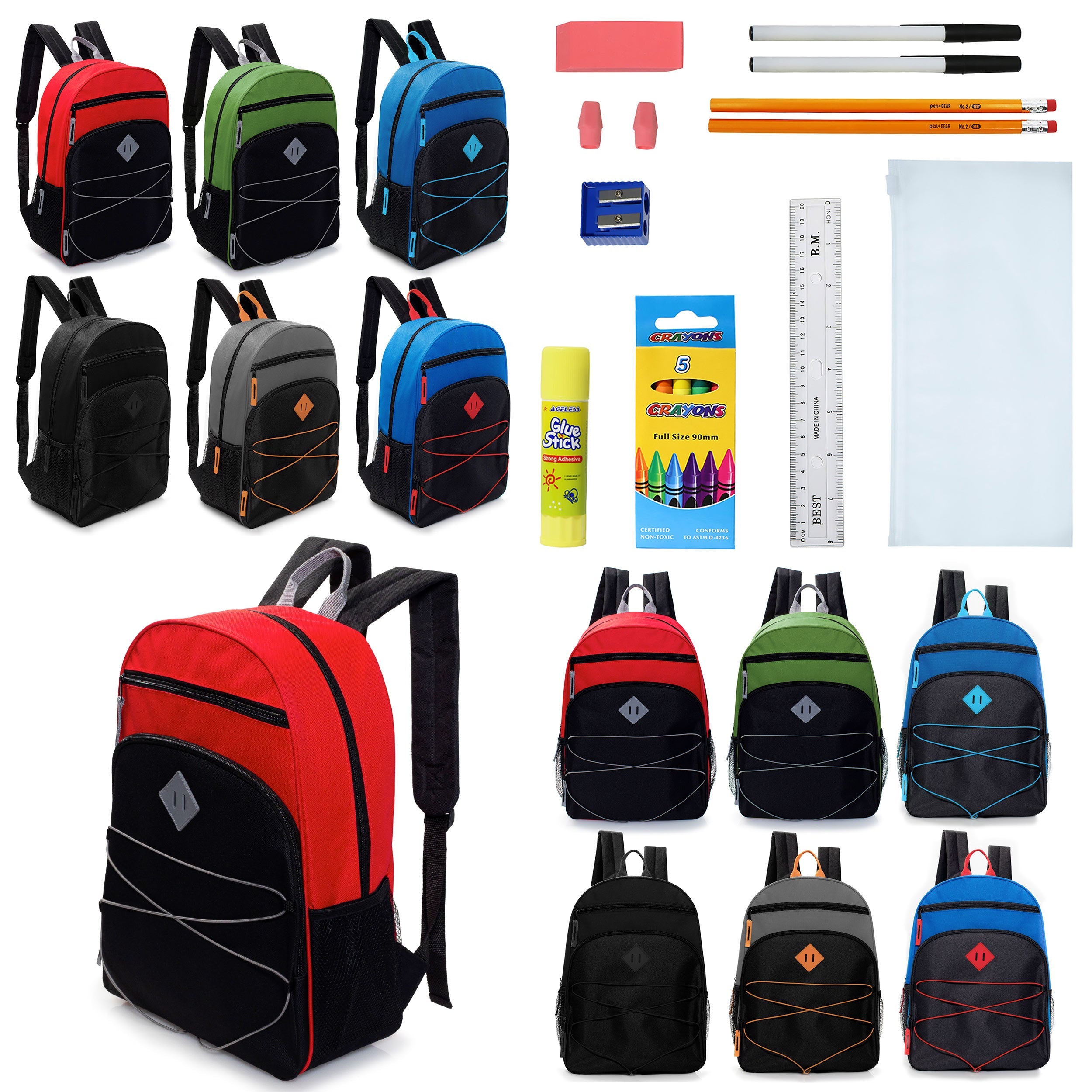 12 Wholesale 17" Bungee Backpacks w/Side Pockets & 12 Bulk School Supply Kits of Your Choice