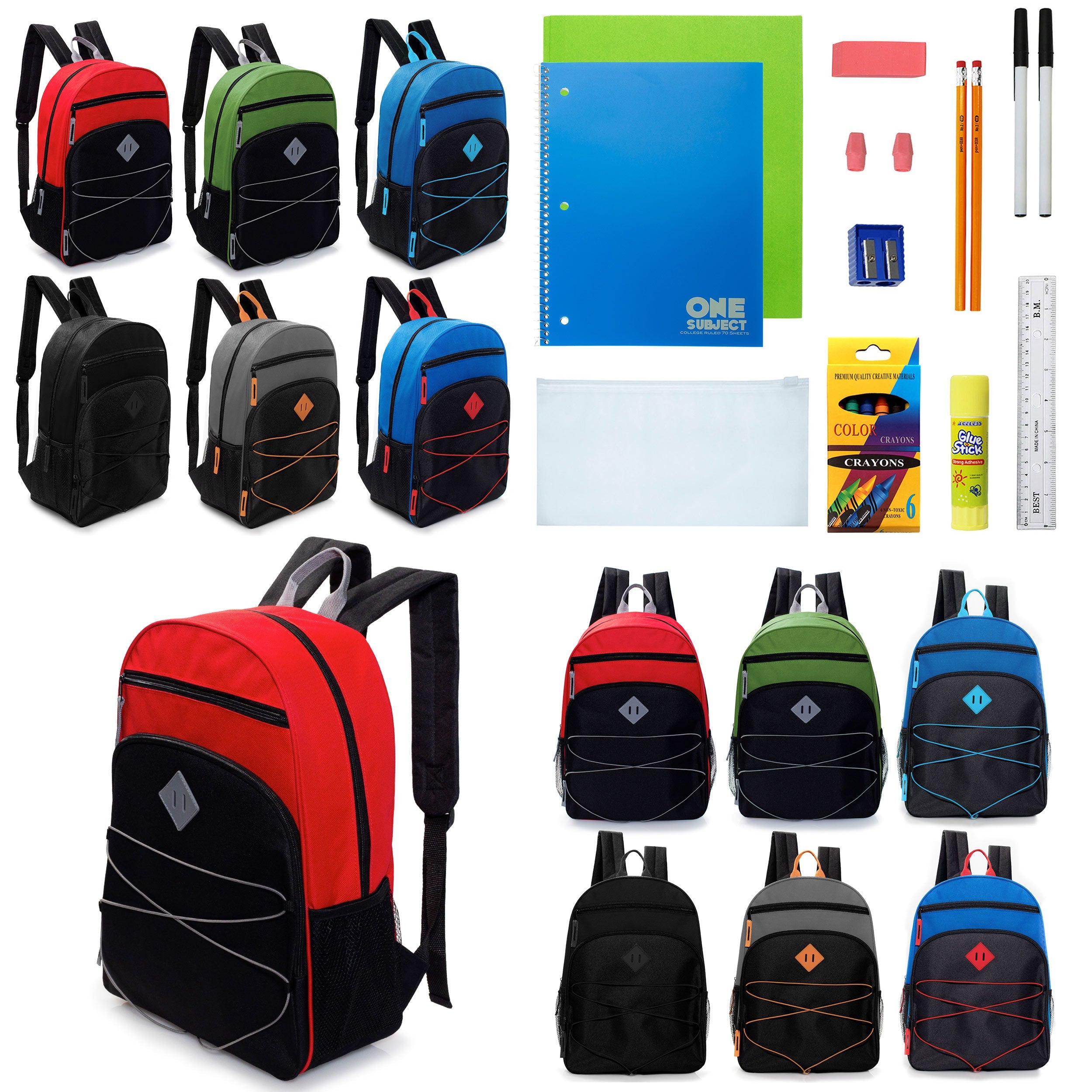 12 Wholesale 17" Bungee Backpacks w/Side Pockets & 12 Bulk School Supply Kits of Your Choice