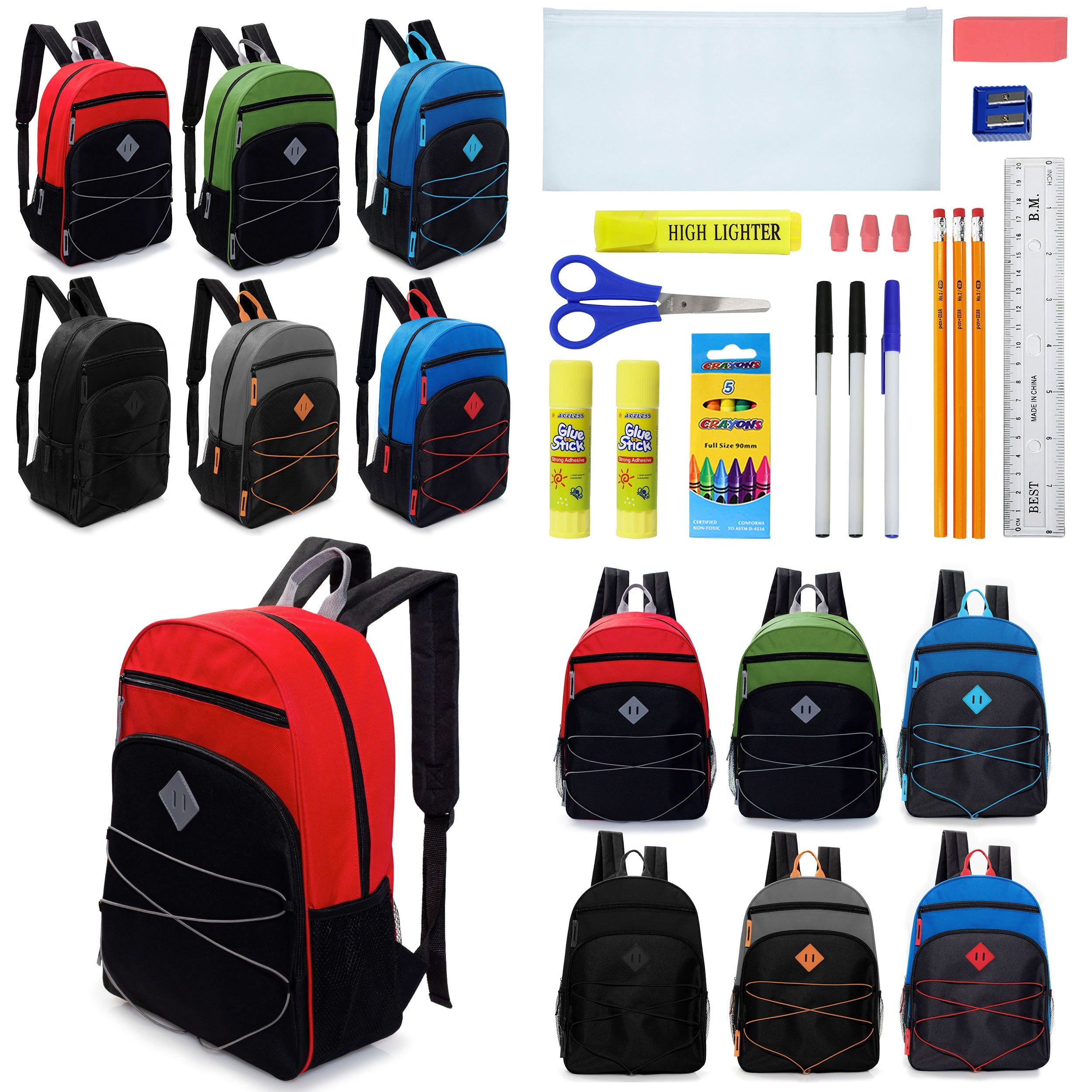 12 Wholesale 17" Bungee Backpacks w/Side Pockets & 12 Bulk School Supply Kits of Your Choice