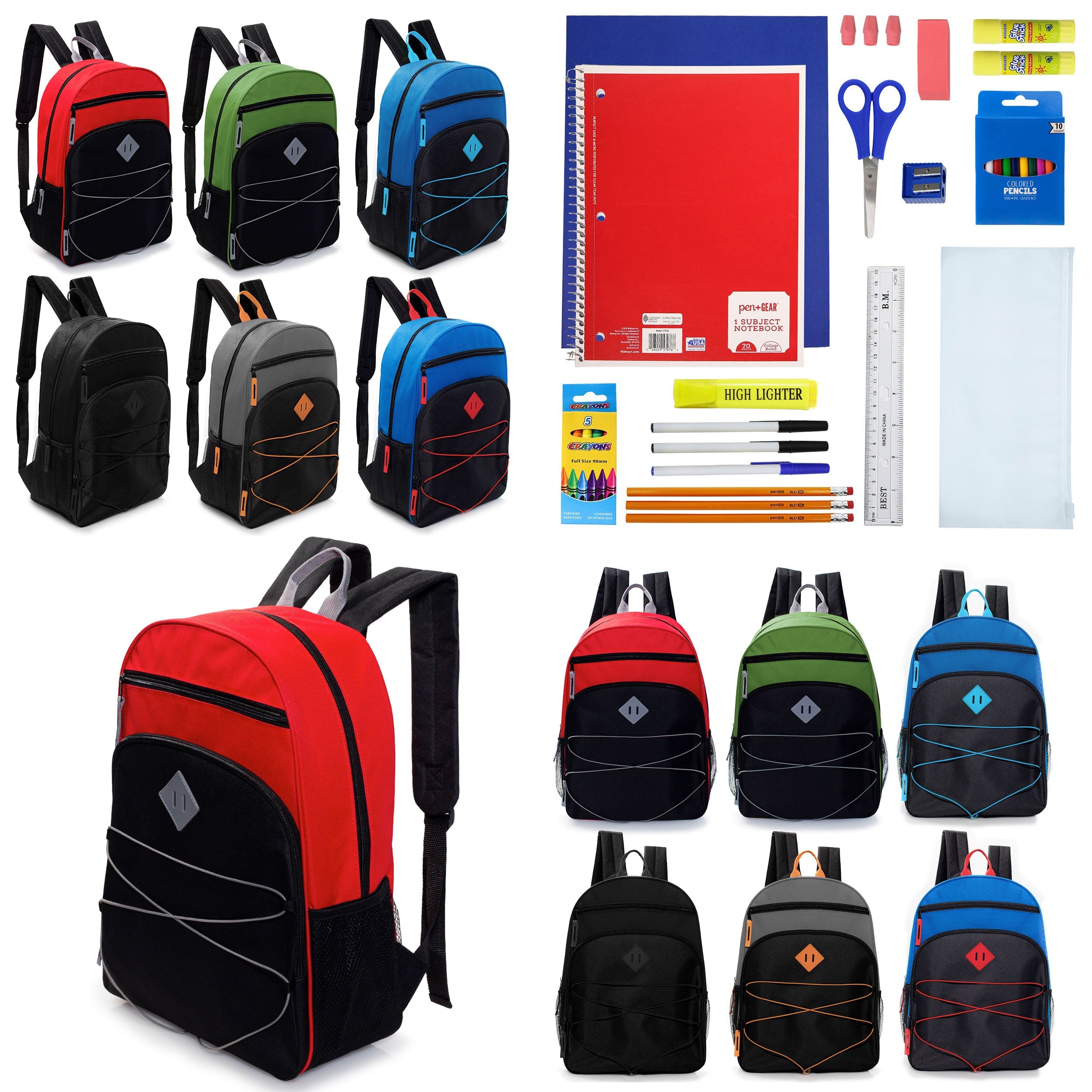 12 Wholesale 17" Bungee Backpacks w/Side Pockets & 12 Bulk School Supply Kits of Your Choice