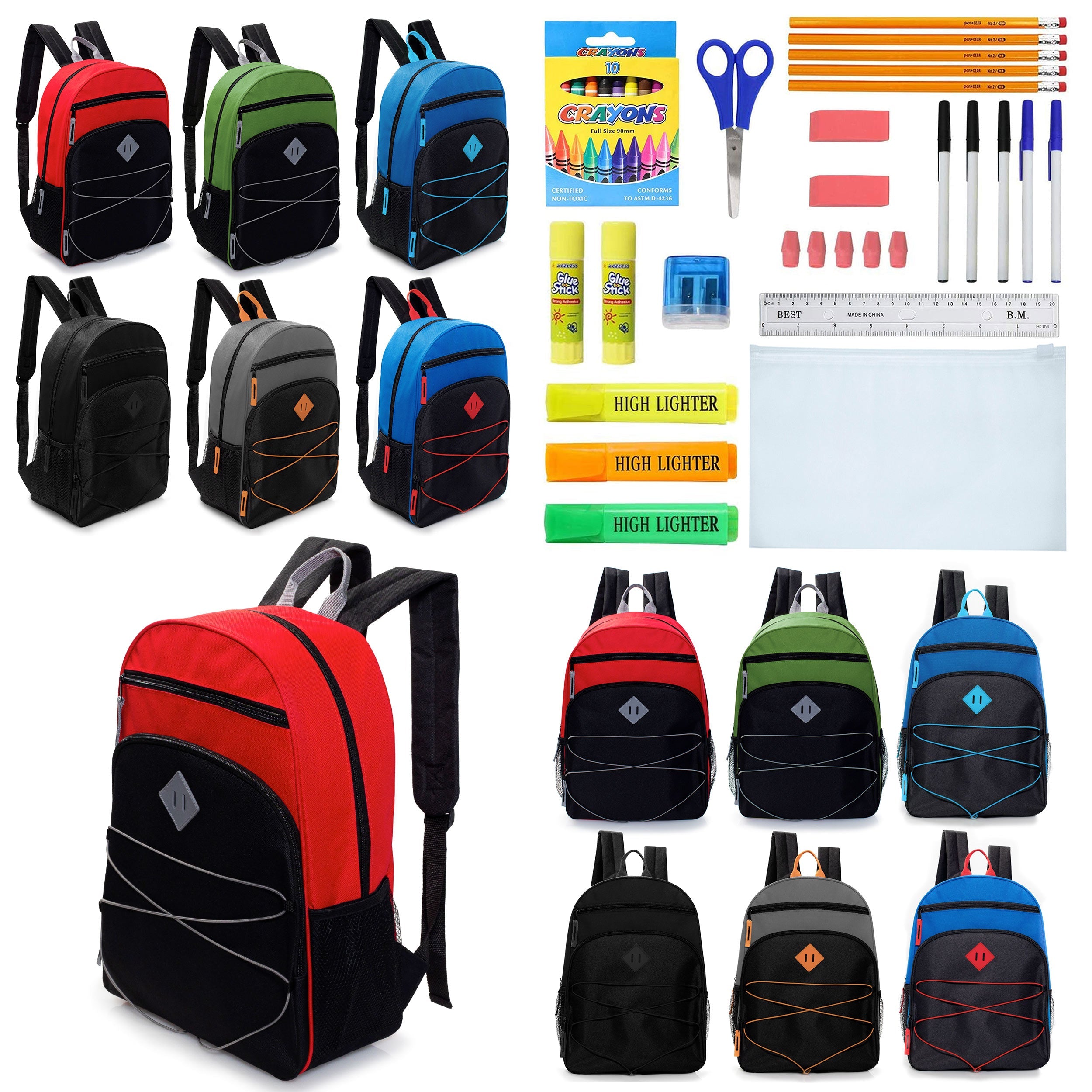 12 Wholesale 17" Bungee Backpacks w/Side Pockets & 12 Bulk School Supply Kits of Your Choice