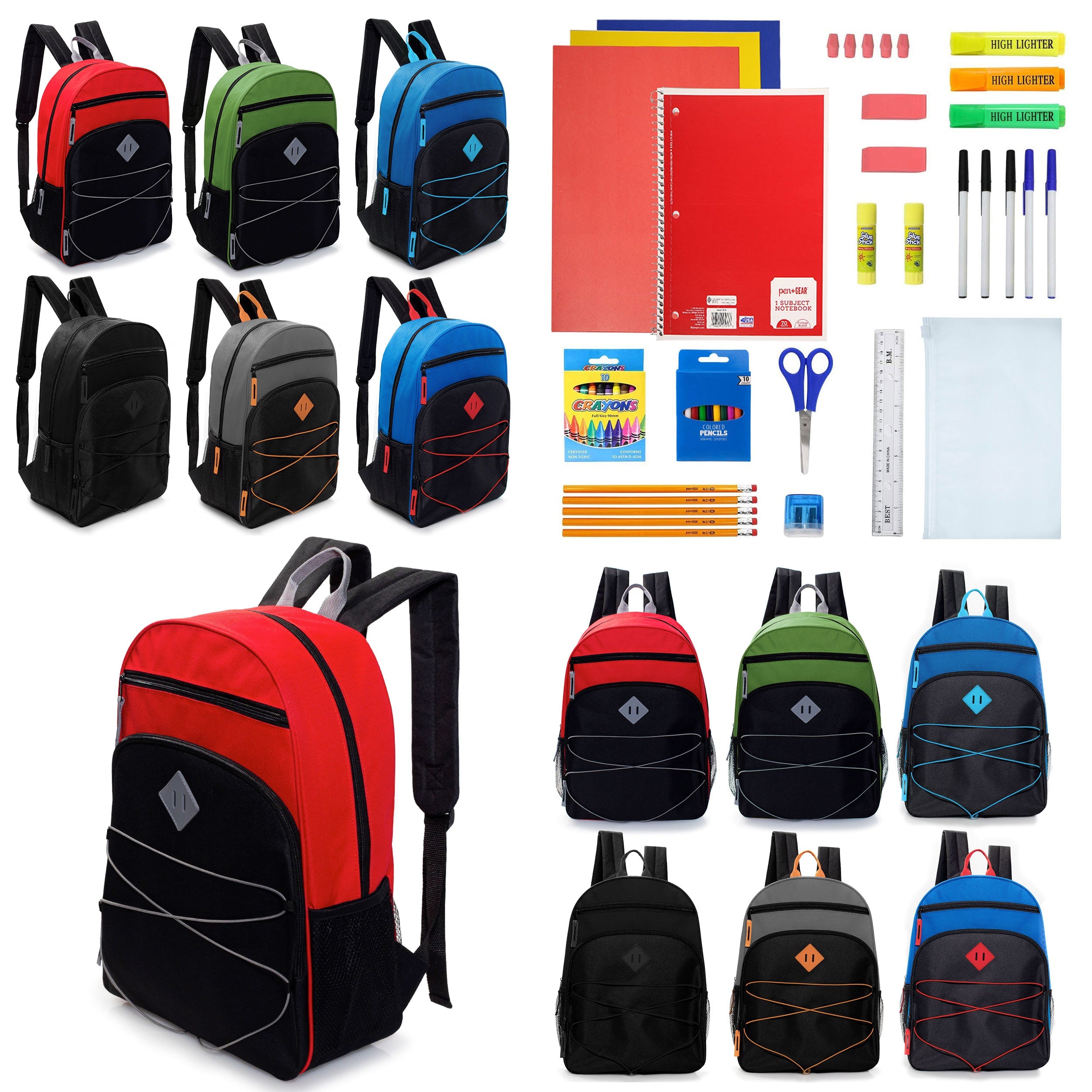 12 Wholesale 17" Bungee Backpacks w/Side Pockets & 12 Bulk School Supply Kits of Your Choice