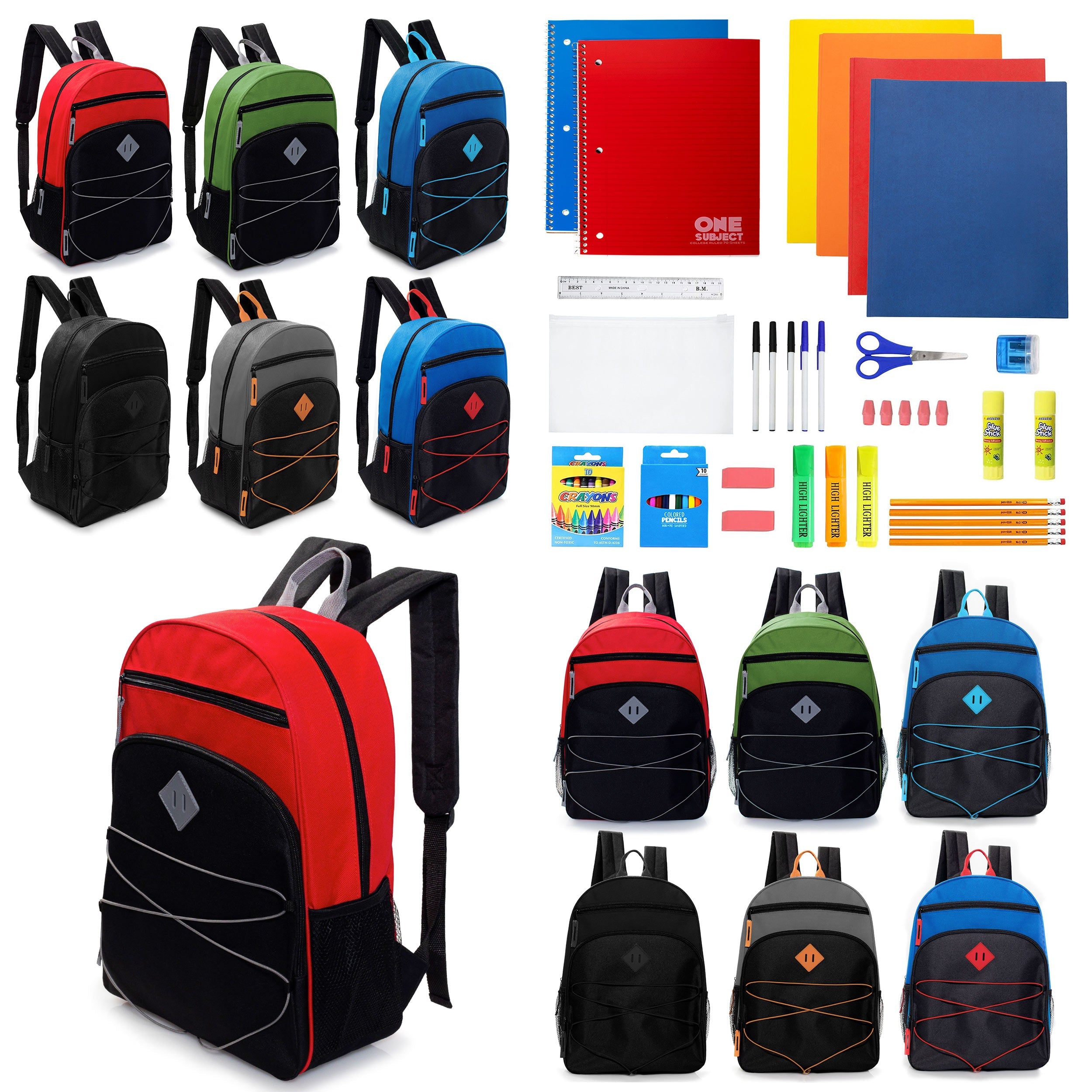 12 Wholesale 17" Bungee Backpacks w/Side Pockets & 12 Bulk School Supply Kits of Your Choice