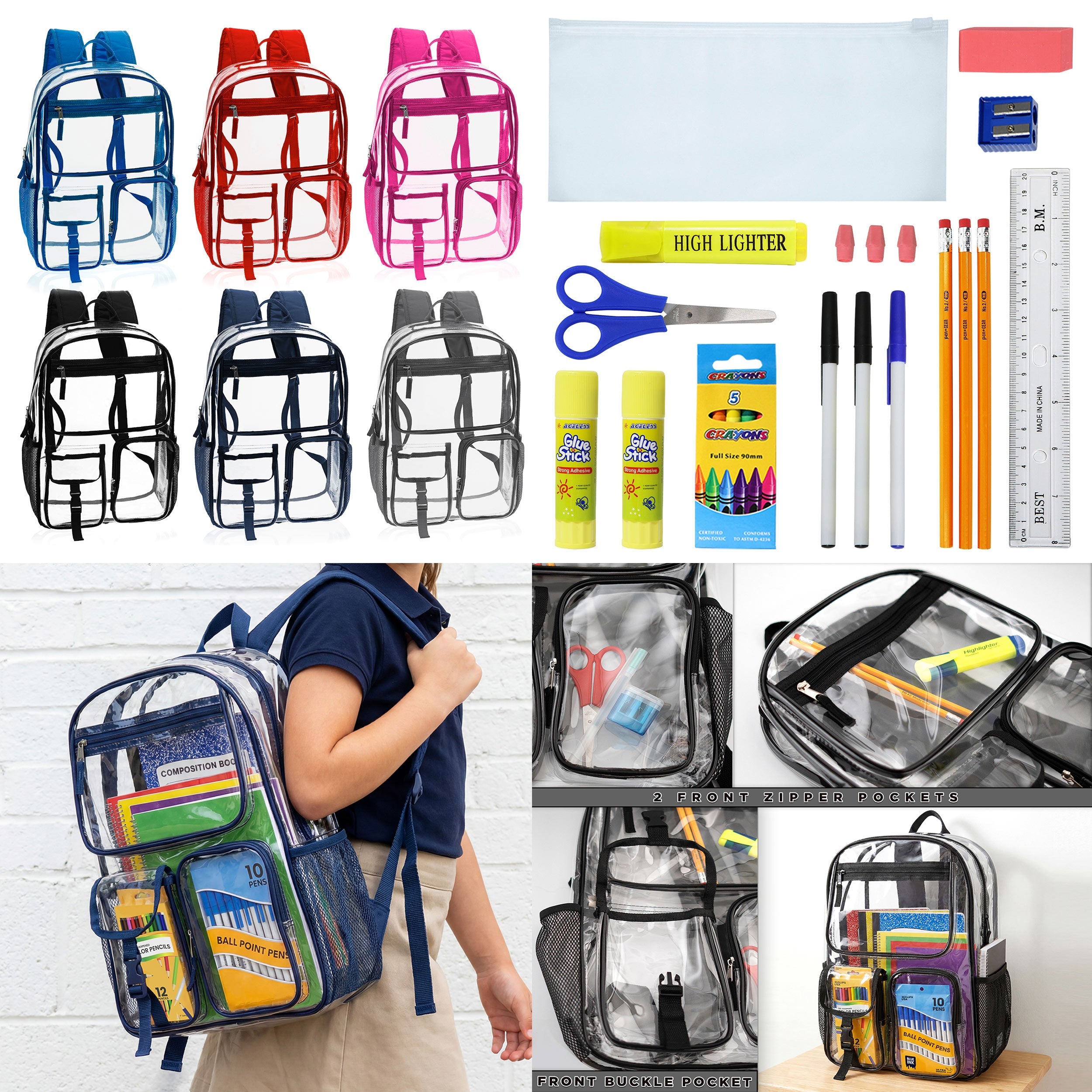 12 Wholesale 17" Premium Clear Backpacks & 12 Bulk School Supply Kits of Your Choice