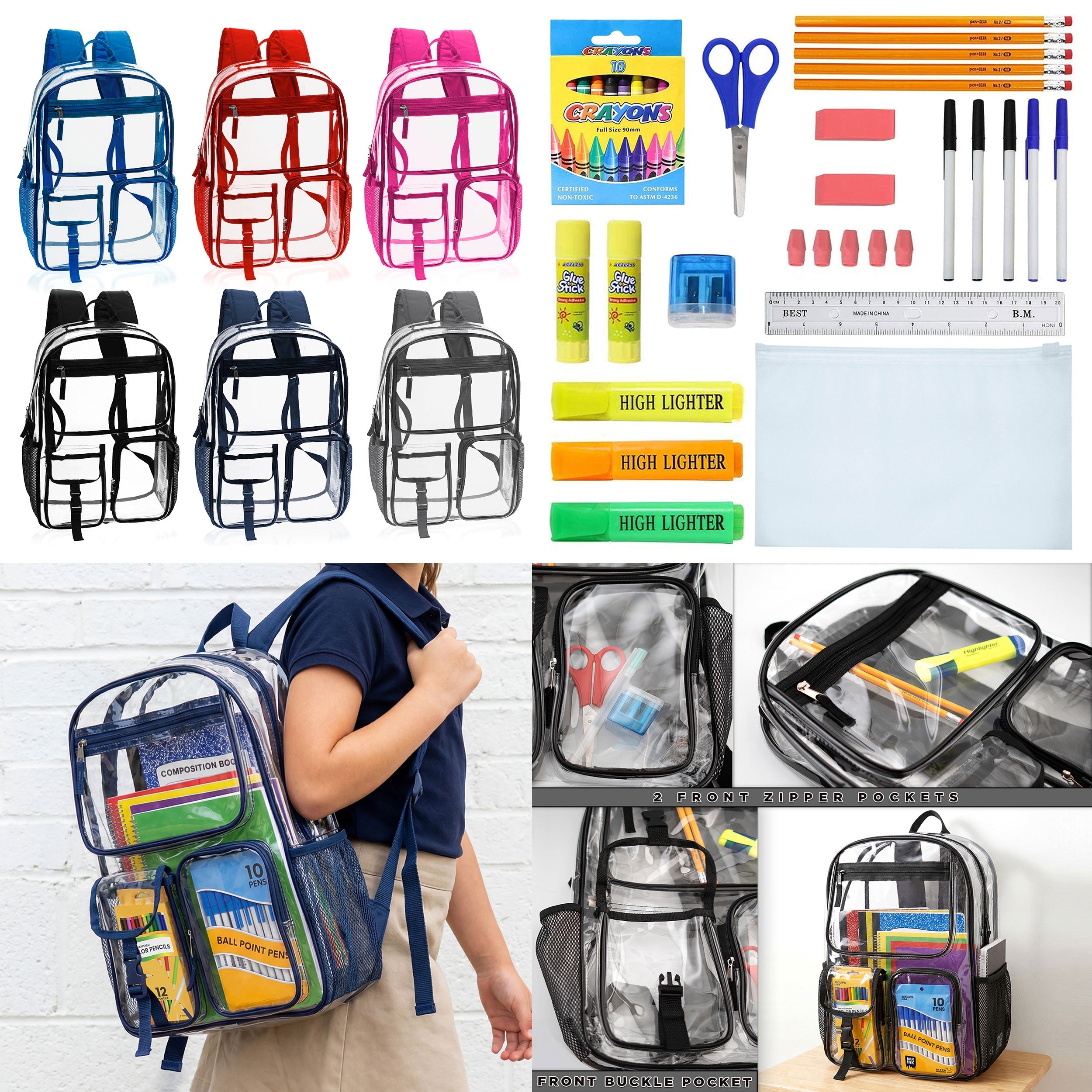 12 Wholesale 17" Premium Clear Backpacks & 12 Bulk School Supply Kits of Your Choice