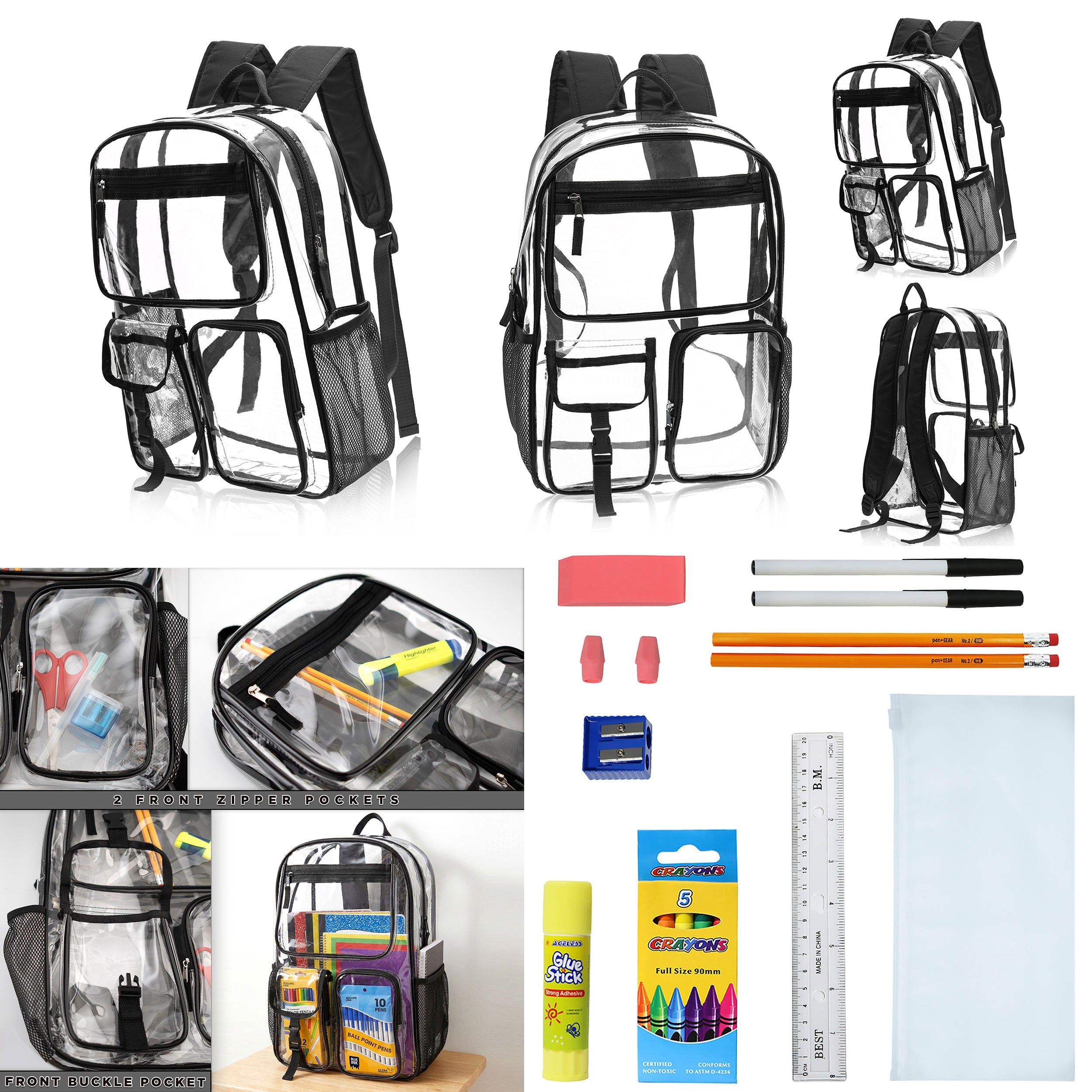12 Wholesale 17" Premium Clear Backpacks with Black Trim & 12 Bulk School Supply Kits of Your Choice