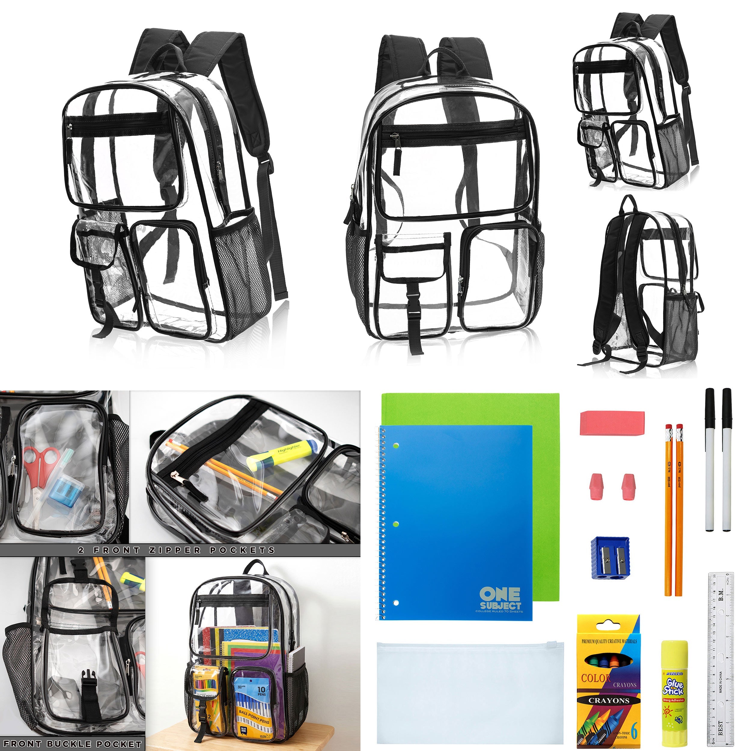 12 Wholesale 17" Premium Clear Backpacks with Black Trim & 12 Bulk School Supply Kits of Your Choice