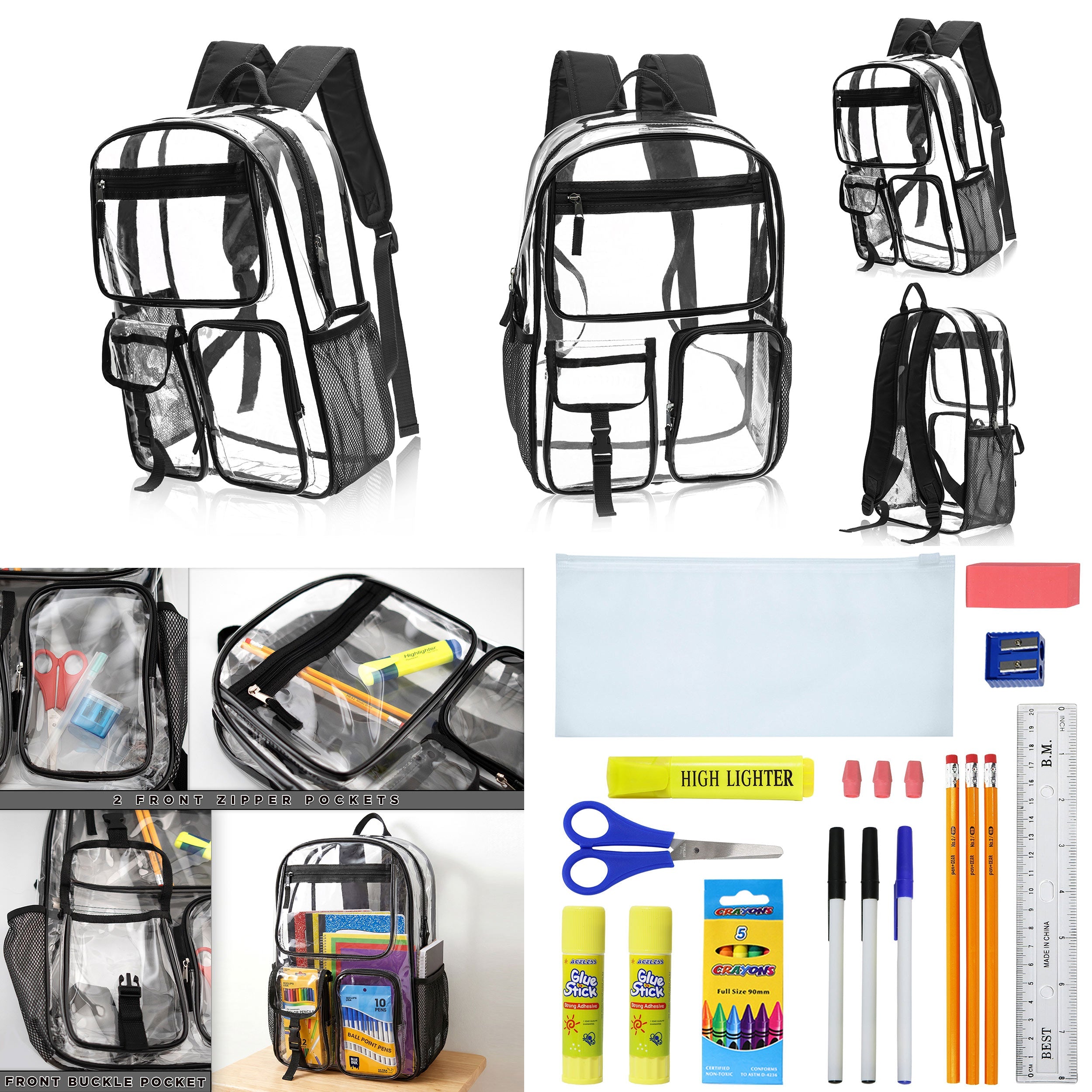 12 Wholesale 17" Premium Clear Backpacks with Black Trim & 12 Bulk School Supply Kits of Your Choice