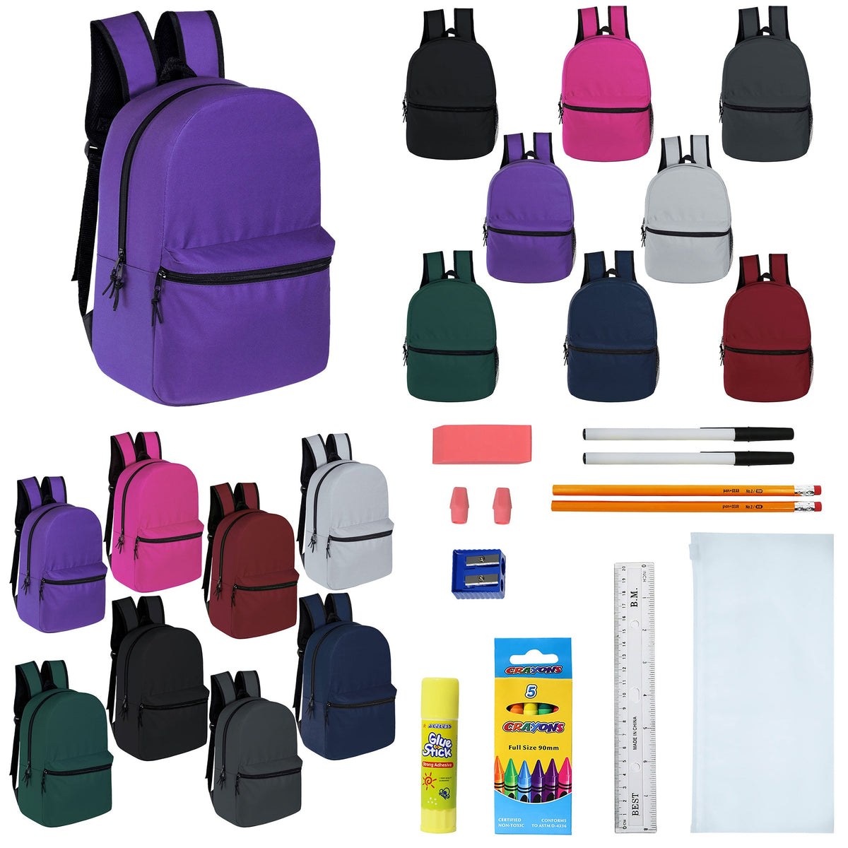 12 Wholesale 15" Backpacks for Pre-K & Elementary School Kids and 12 Bulk School Supply Kits of Your Choice