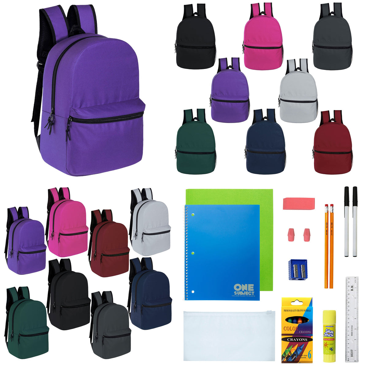 12 Wholesale 15" Backpacks for Pre-K & Elementary School Kids and 12 Bulk School Supply Kits of Your Choice