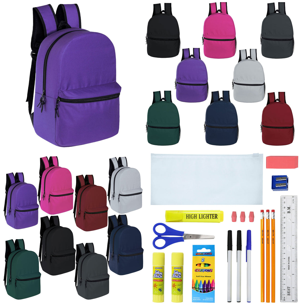 12 Wholesale 15" Backpacks for Pre-K & Elementary School Kids and 12 Bulk School Supply Kits of Your Choice
