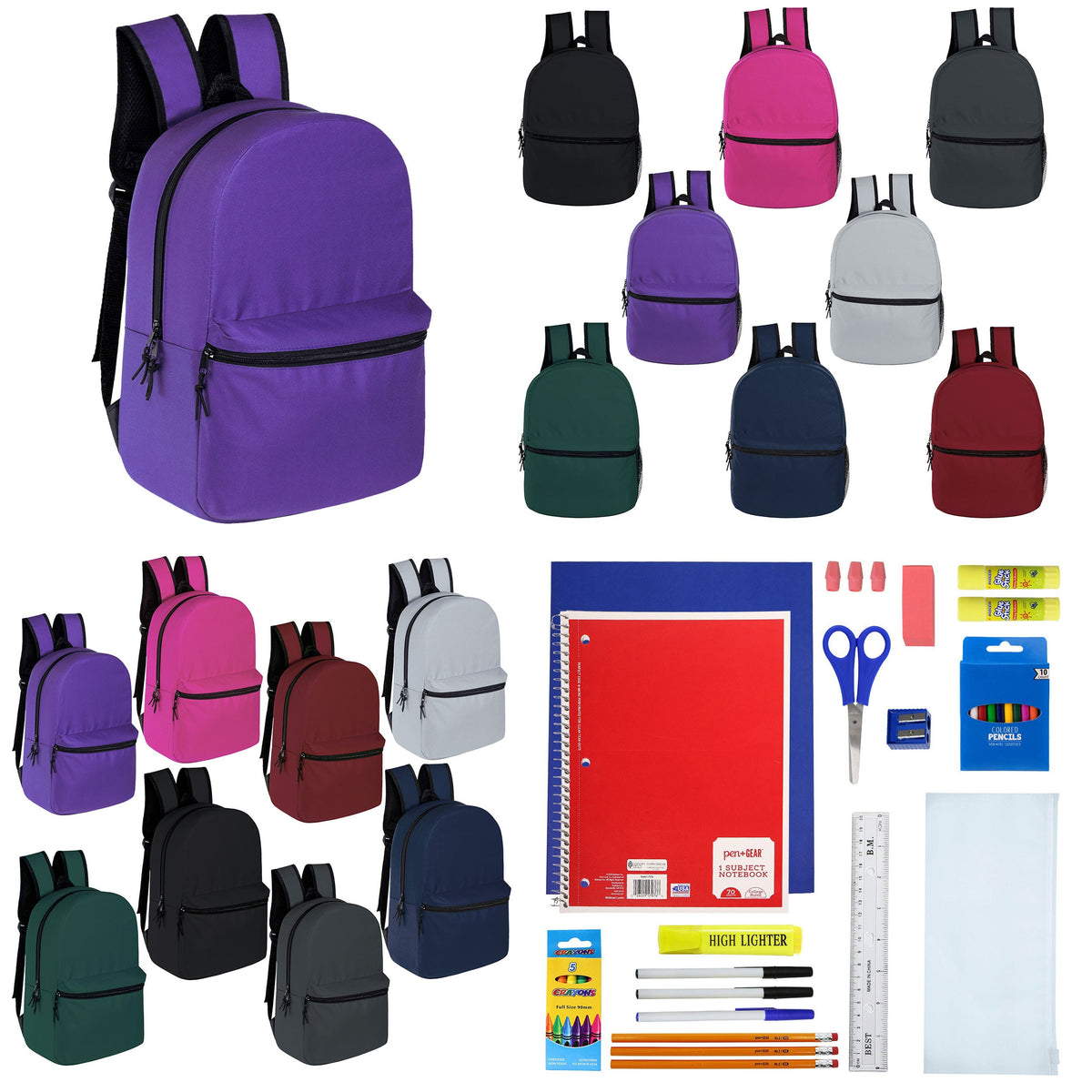 12 Wholesale 15" Backpacks for Pre-K & Elementary School Kids and 12 Bulk School Supply Kits of Your Choice