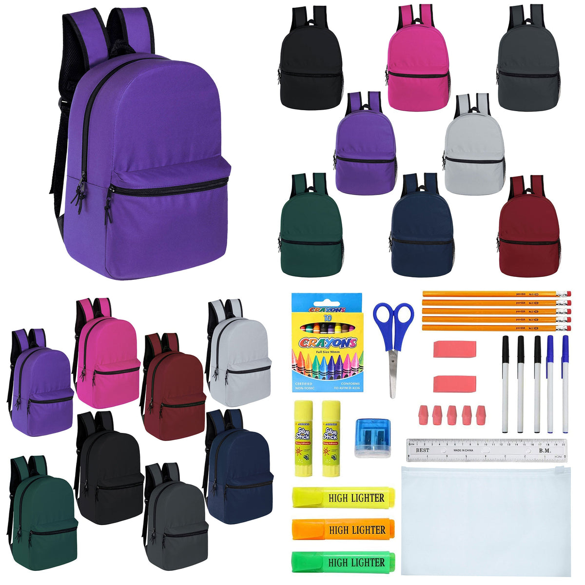 12 Wholesale 15" Backpacks for Pre-K & Elementary School Kids and 12 Bulk School Supply Kits of Your Choice